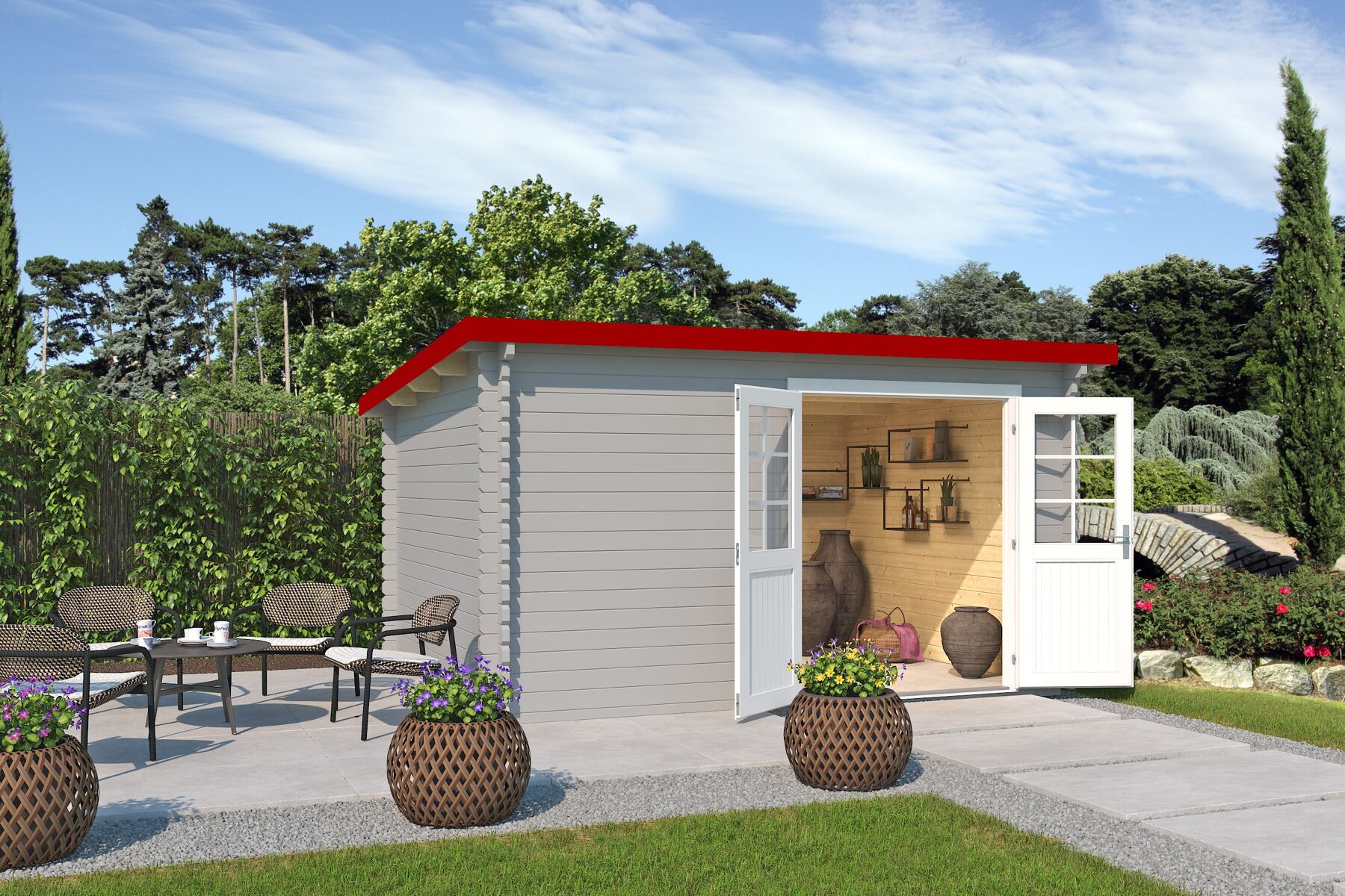 Gartenhaus Evolution 44 - Lichtgrau inkl. Trapezblech Dach Dunkelrot