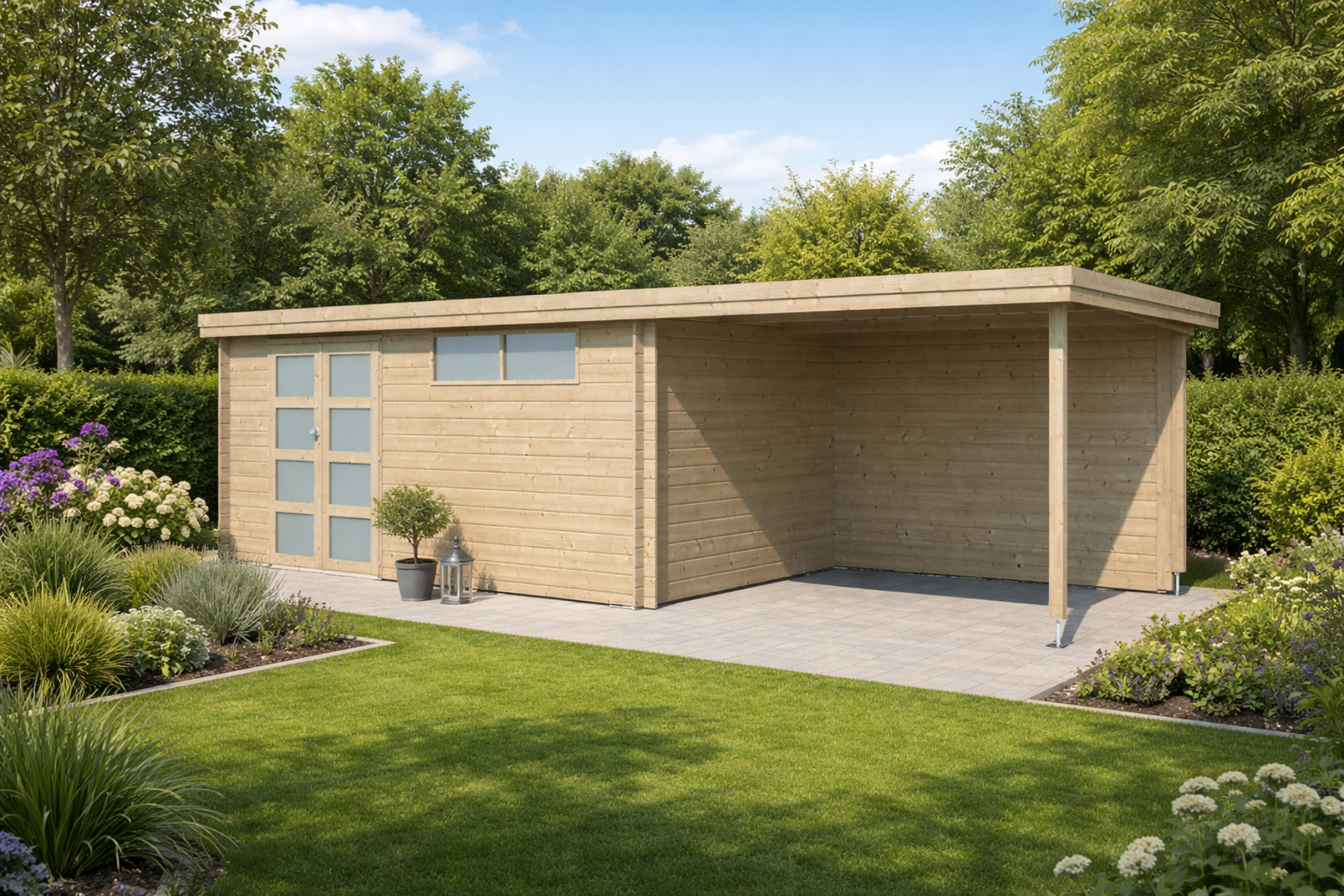 Gartenhaus Emanuel 5 - 22,38 m² mit Anbau 300 inkl. Trapezblechdach Anthrazit
