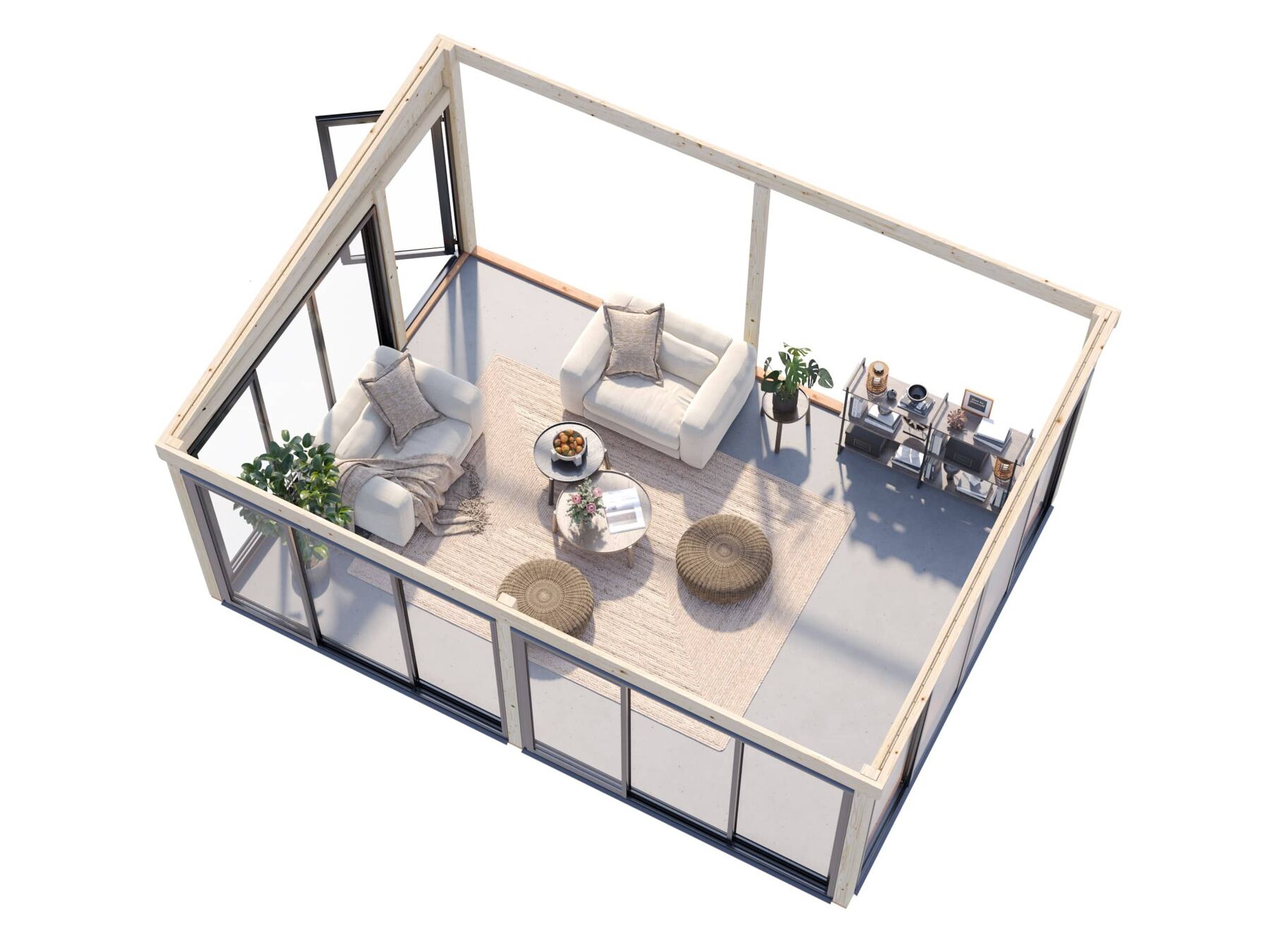 Terassenüberdachung Lumi 23,3 m² Slide Plus Moebel, Tabelle, Kaffeetisch, Pflanze, Balkon