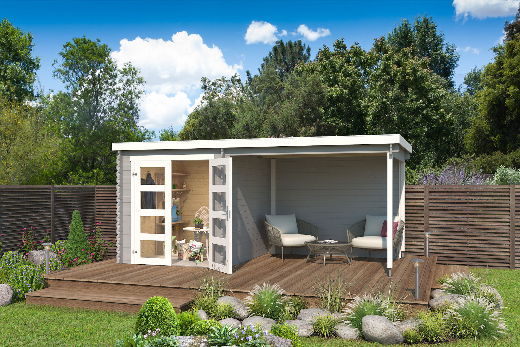 Gartenhaus Long Beach Lichtgrau mit Trapezblech Anthrazit