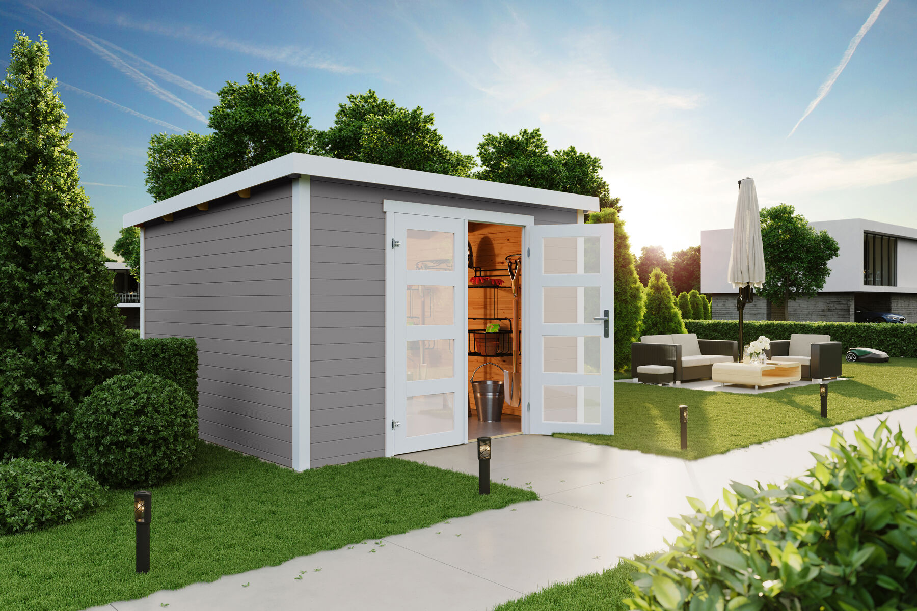 Gerätehaus Zambezi 7 Lichtgrau mit Trapezblech Braun