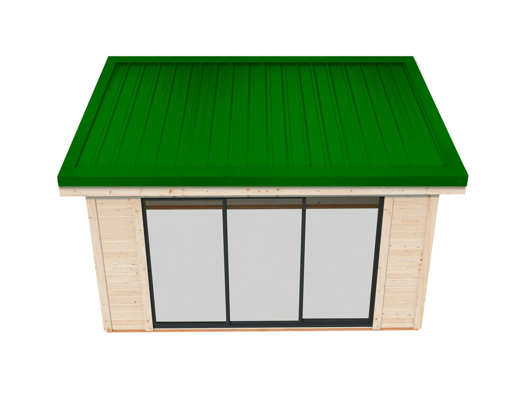 Modernes Gartenhaus Andrea 17,1 + 7,9 m² mit ISO-Glas Schiebetür in Grau mit Trapezblech Dunkelgrün