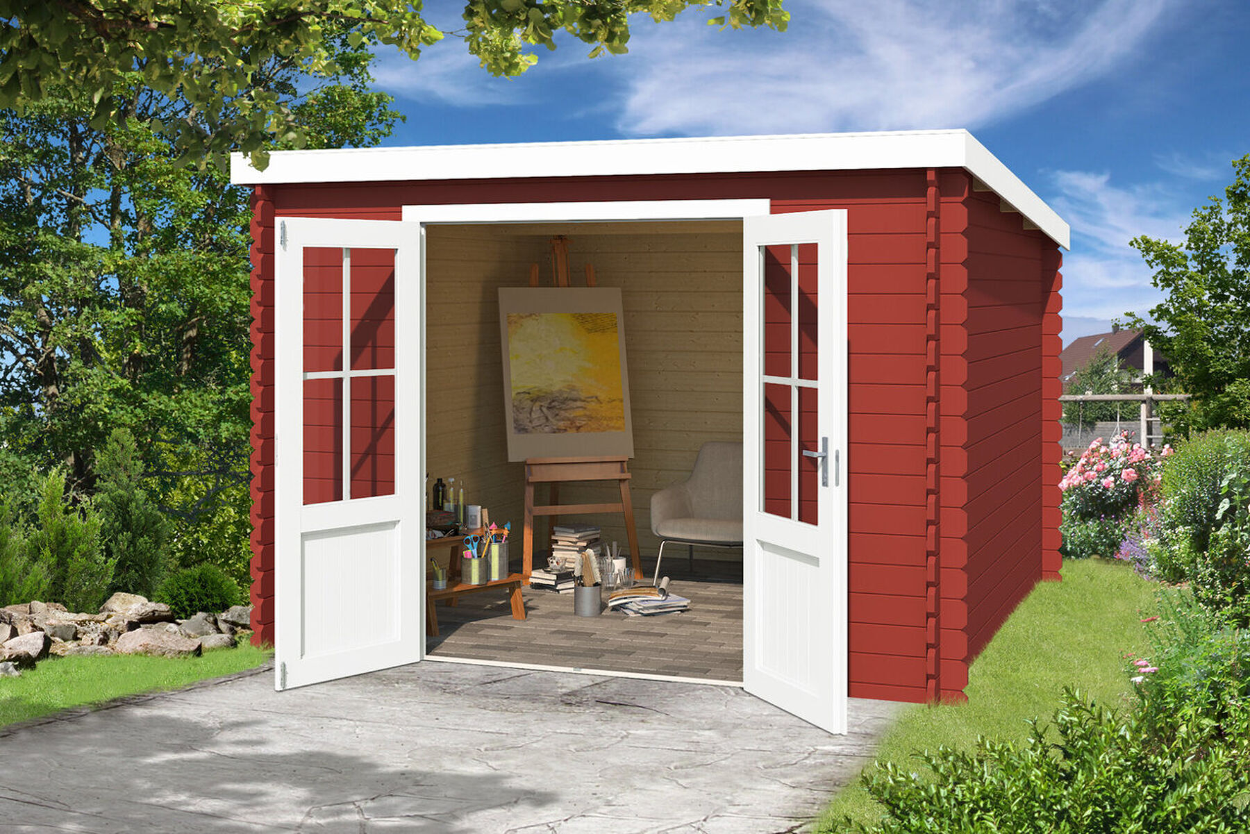 Gerätehaus Atlanta Schwedenrot mit Trapezblech Dunkelrot