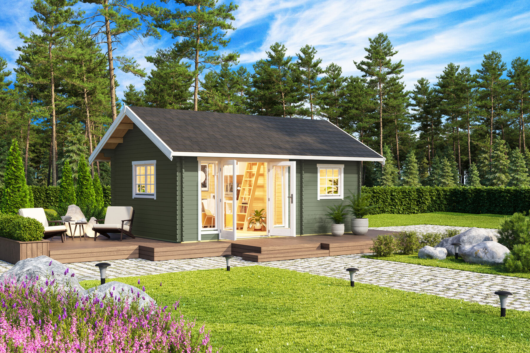 Gartenhaus Caroline 2.1 Gletschergrün mit Trapezblech Dach Dunkelrot