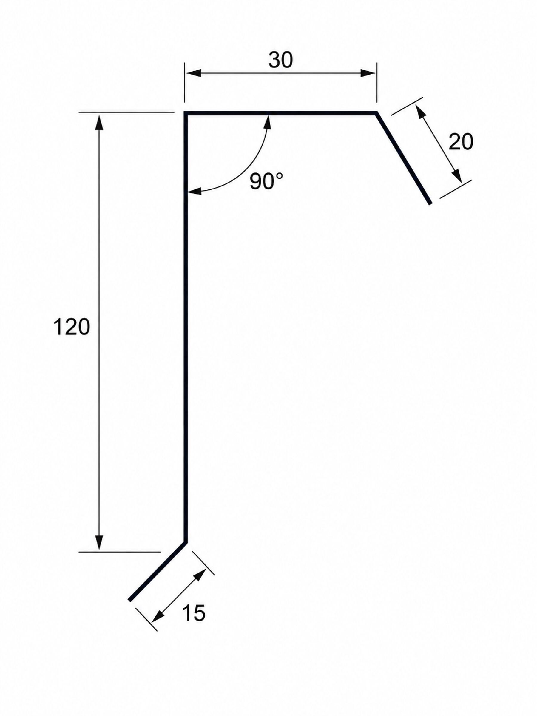 L-Form Rohrstück, Kunststoffrohr, 115°/90° Winkel, Qualifizierte Eckverbindung, Maßangabe 120x30x20