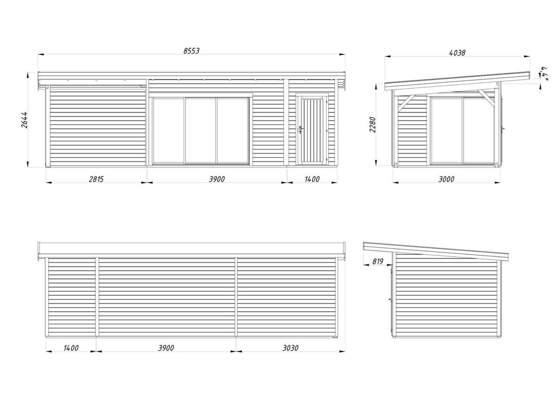 Modernes Gartenhaus Andrea 15,2+7,9 m² mit ISO-Glas Schiebetür Modernes Gartenhaus Andrea 15,2+7,9 m² mit ISO-Glas Schiebetür