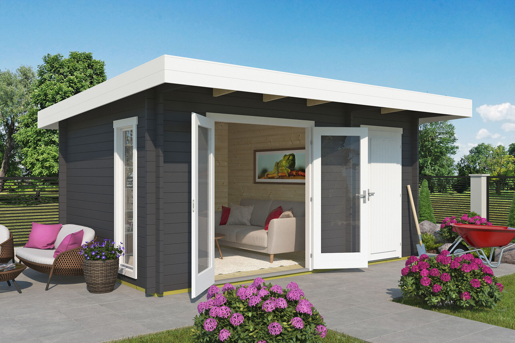 Gartenhaus Chameleon 44 Carbongrau mit Trapezblech Dach Braun