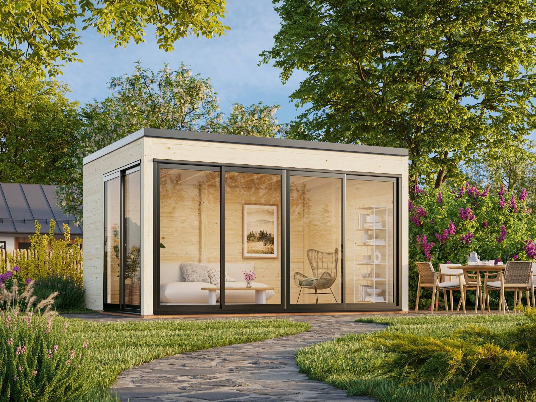 Modernes Gartenhaus Serena 12,6 m² Set 1 mit Schiebetür