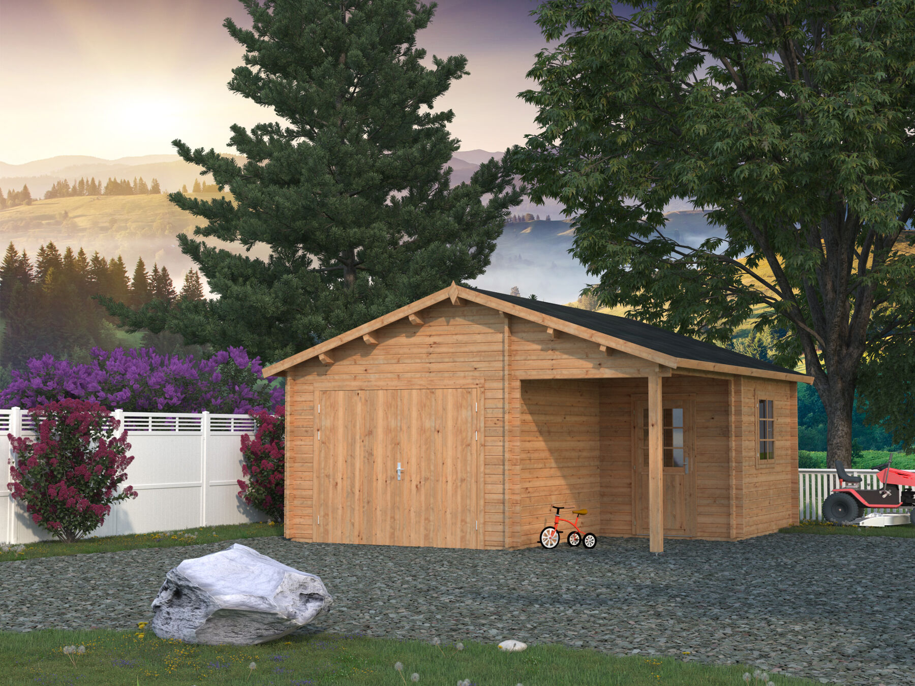 Holzgarage Roger 21,9+5,2 m² Mit Holztor Hellbraun
