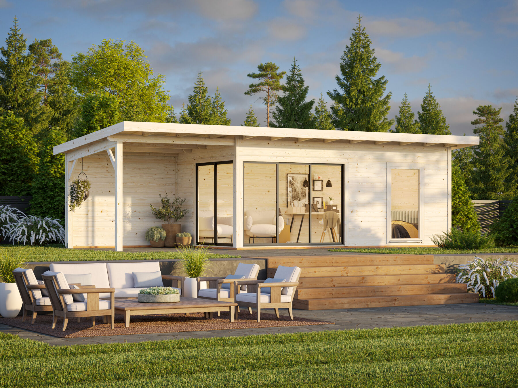 Modernes Gartenhaus Andrea 17,1 + 7,9 m² mit ISO-Glas Schiebetür Gras, Innenarchitektur, Rasen, Wohnen, Baum