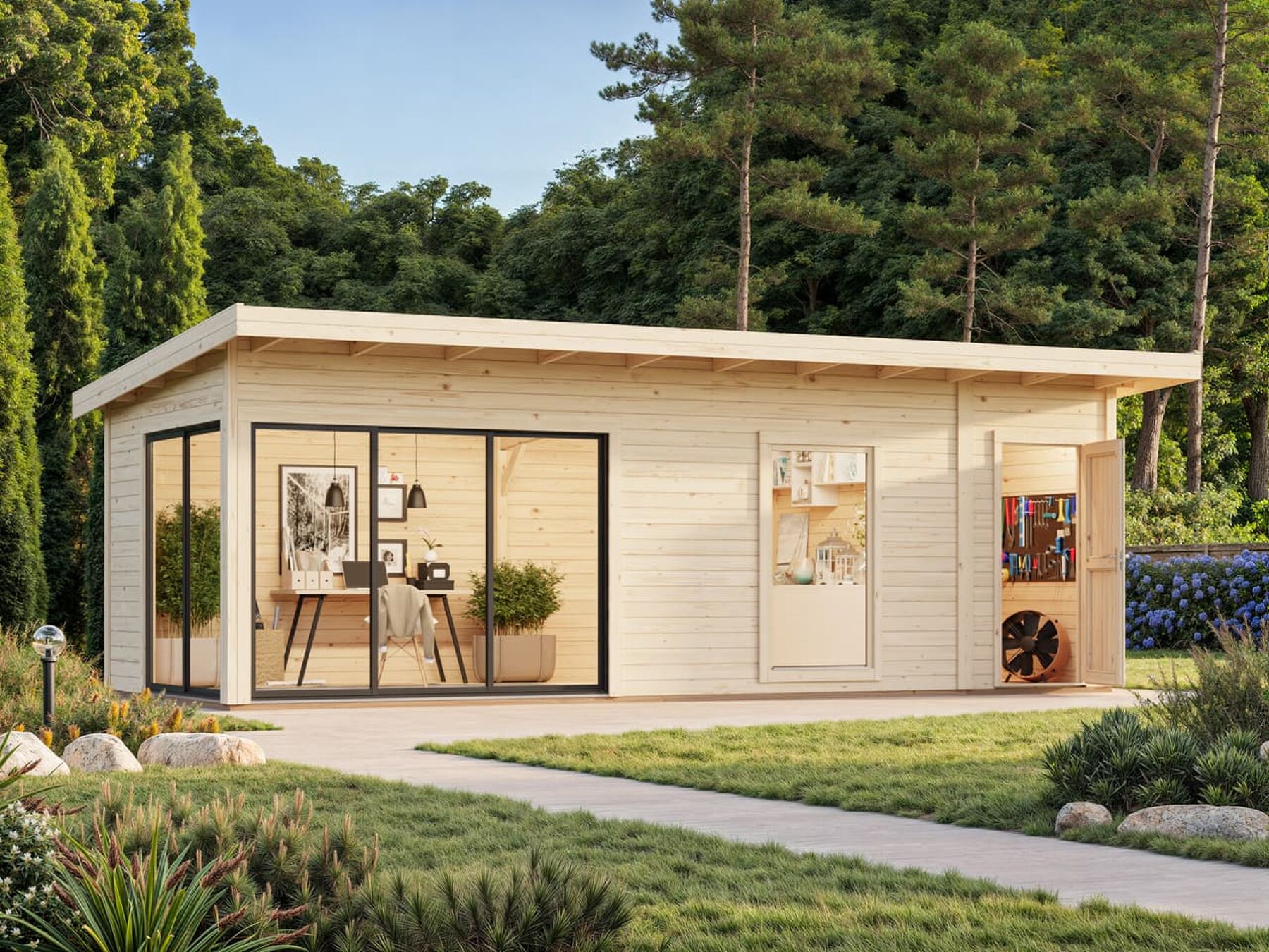Modernes Gartenhaus Andrea 21,1 m² mit ISO-Glas Schiebetür Modernes Gartenhaus Andrea 21,1 m² mit ISO-Glas Schiebetür