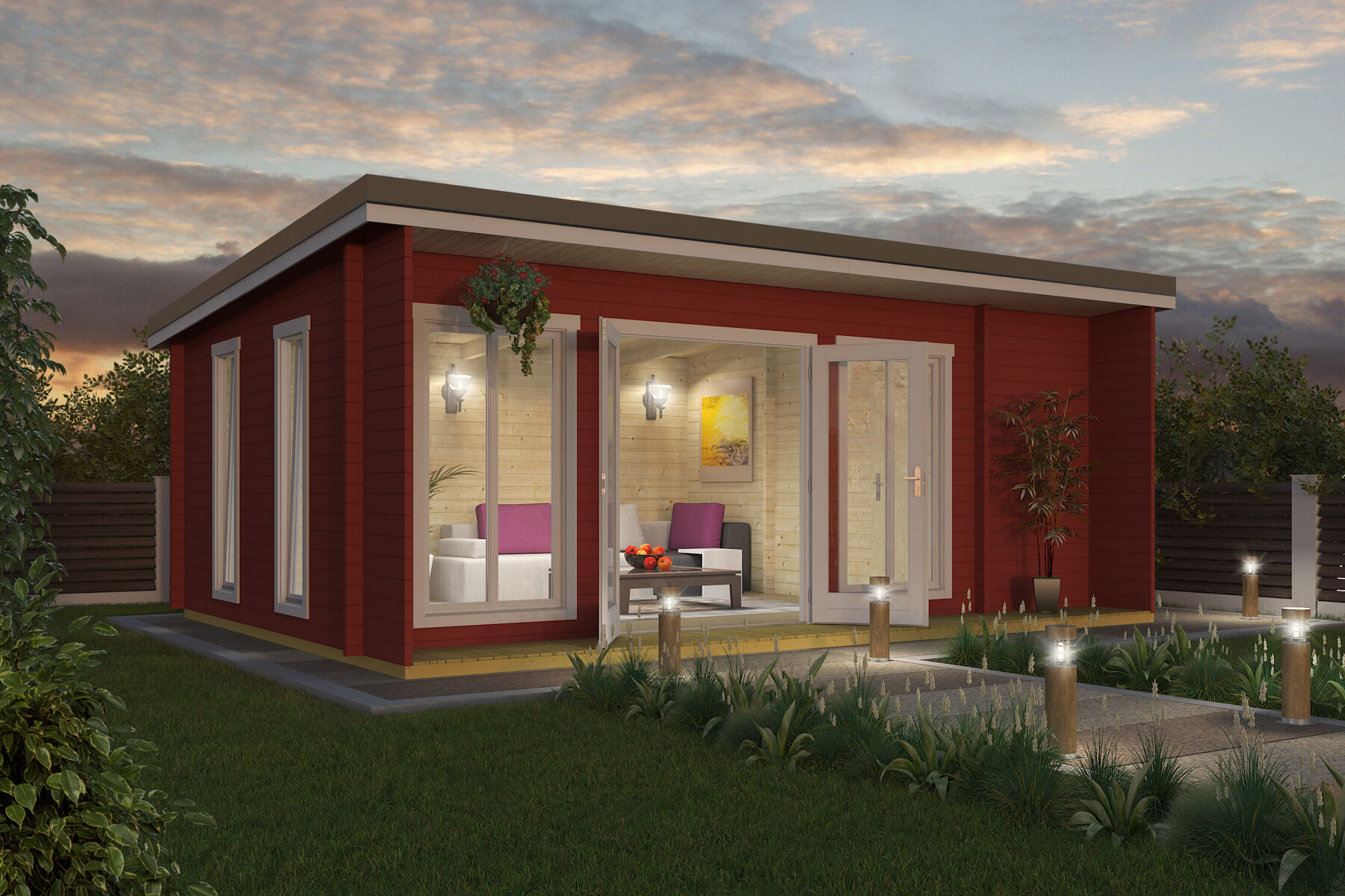 Gartenhaus Japan Schwedenrot mit Trapezblech Dach Braun