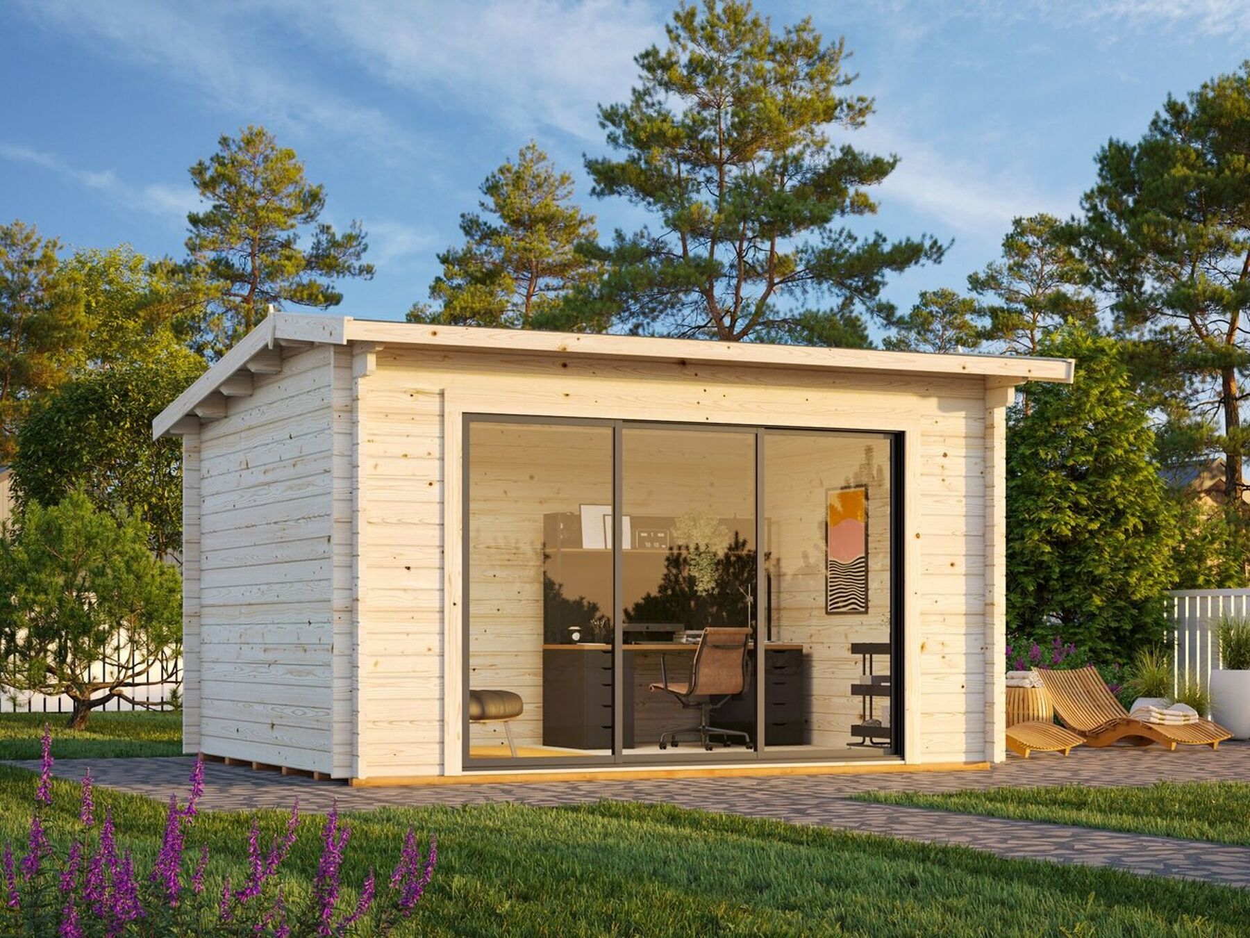 Modernes Gartenhaus Ines 11,1 m² mit Schiebetür Gras, Stuhl, Unterschlupf, Innenarchitektur, Wohnen