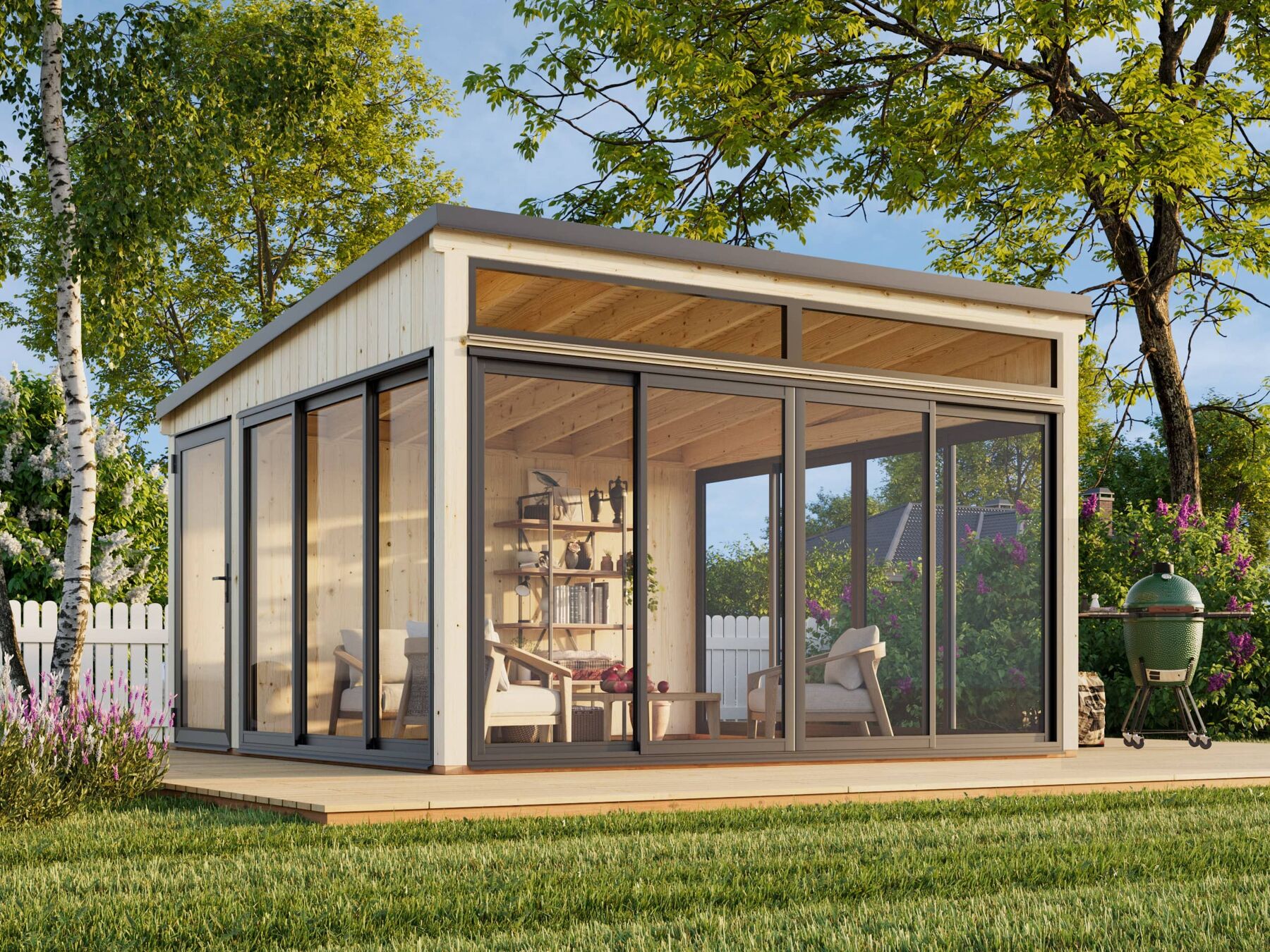 Glashaus Saga 16,6 m² Slide Innenarchitektur, Stuhl, Gras, Tür, Wohnen