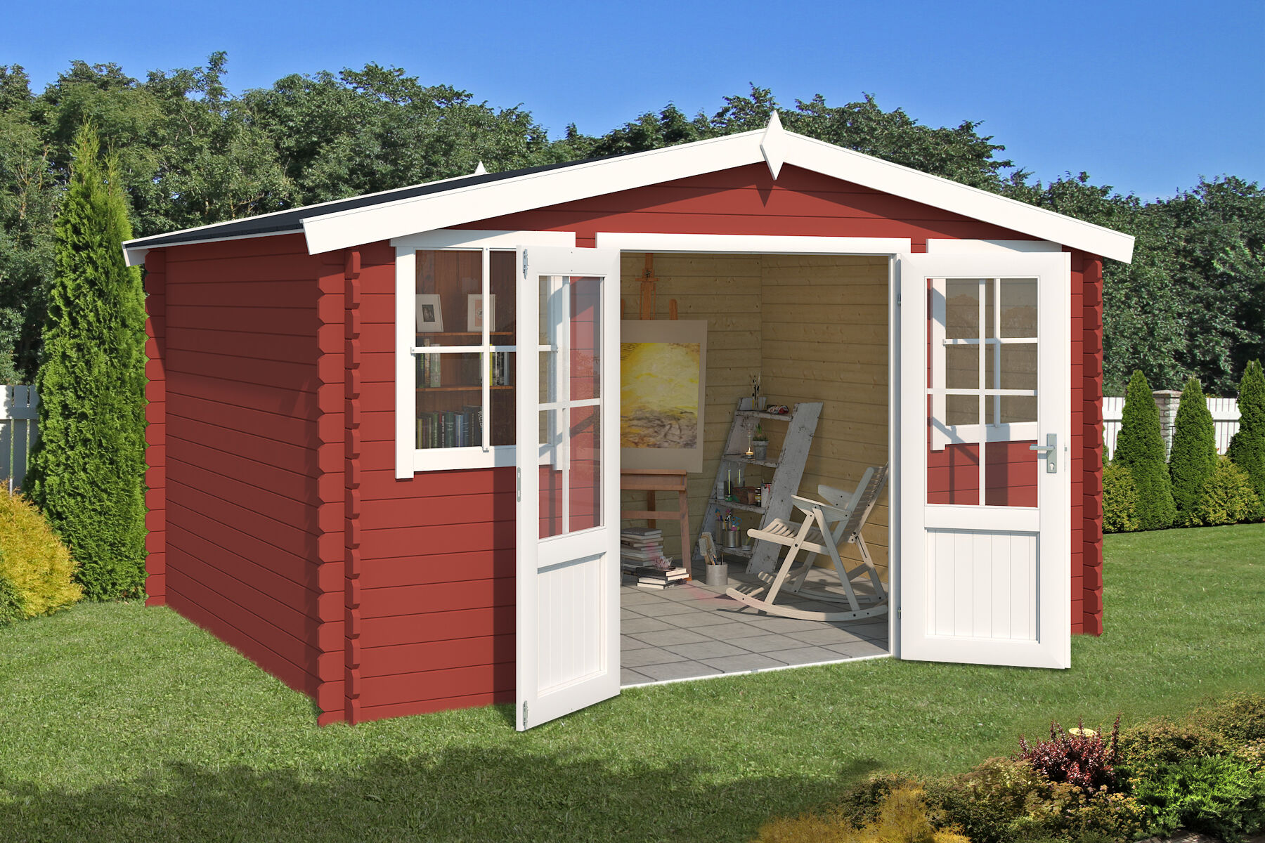 Gartenhaus Dallas Schwedenrot mit Trapezblech Dunkelgrün