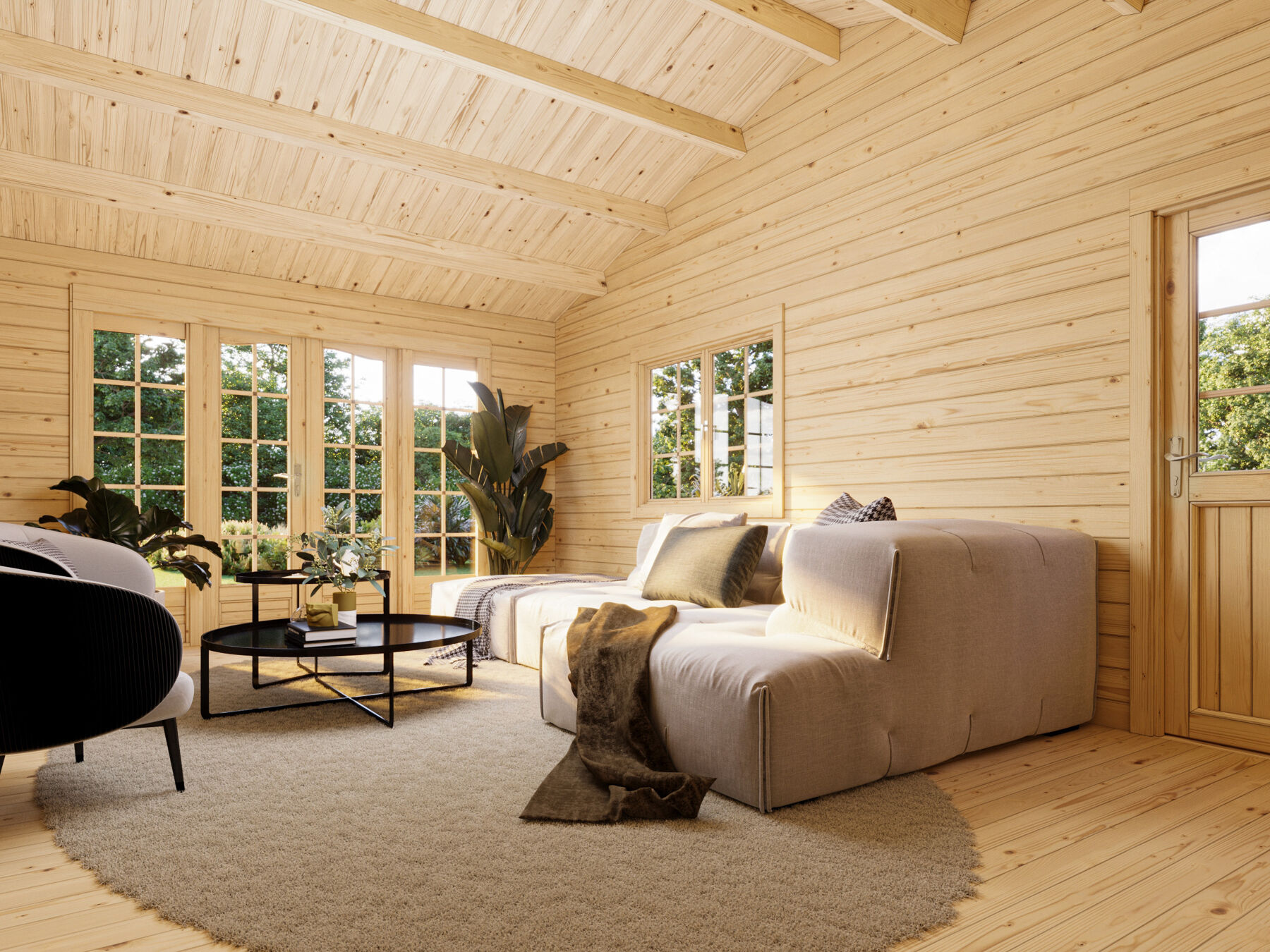 Gartenhaus Irene 19,0 + 16,2 m² in Hellgrau / Weiß mit Trapezblech Silber