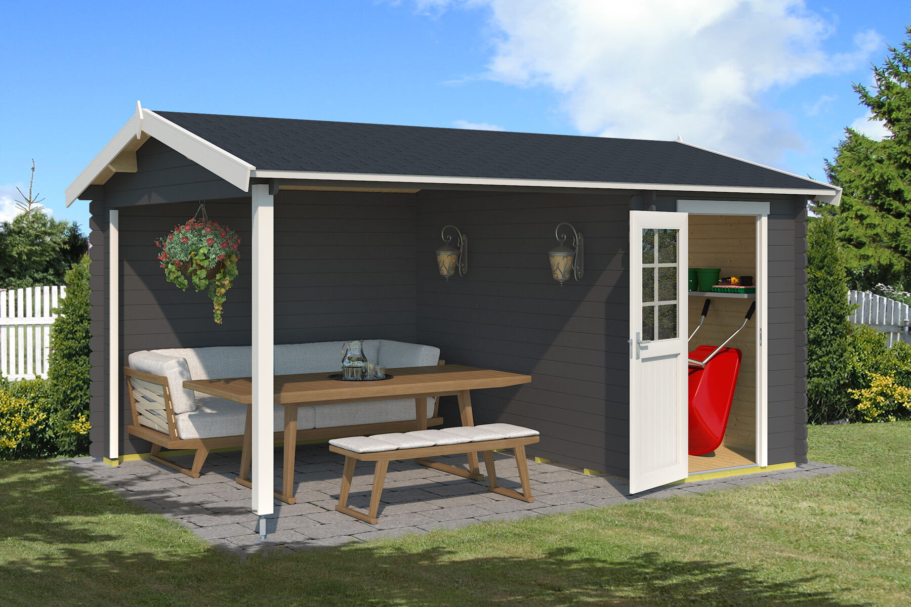 Gartenhaus Wibo Carbongrau mit Ziegelblech Dunkelrot