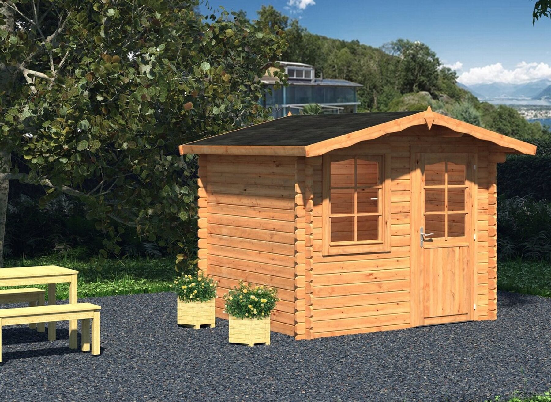 Palmako Gartenhaus Emma 4,6 m² Hellbraun mit Trapezblech Dunkelrot