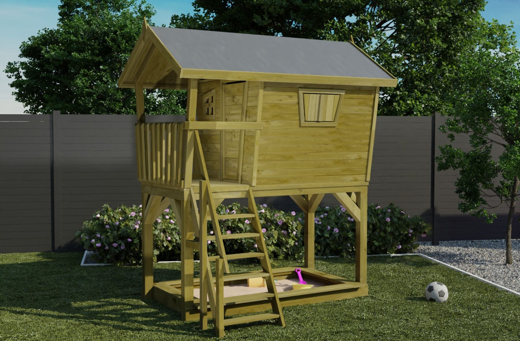 Kinderspielhaus Barney KDI TÜV Spielturm, Holzhaus, Gartenhaus, Spielplatz, Aufstiegstreppe