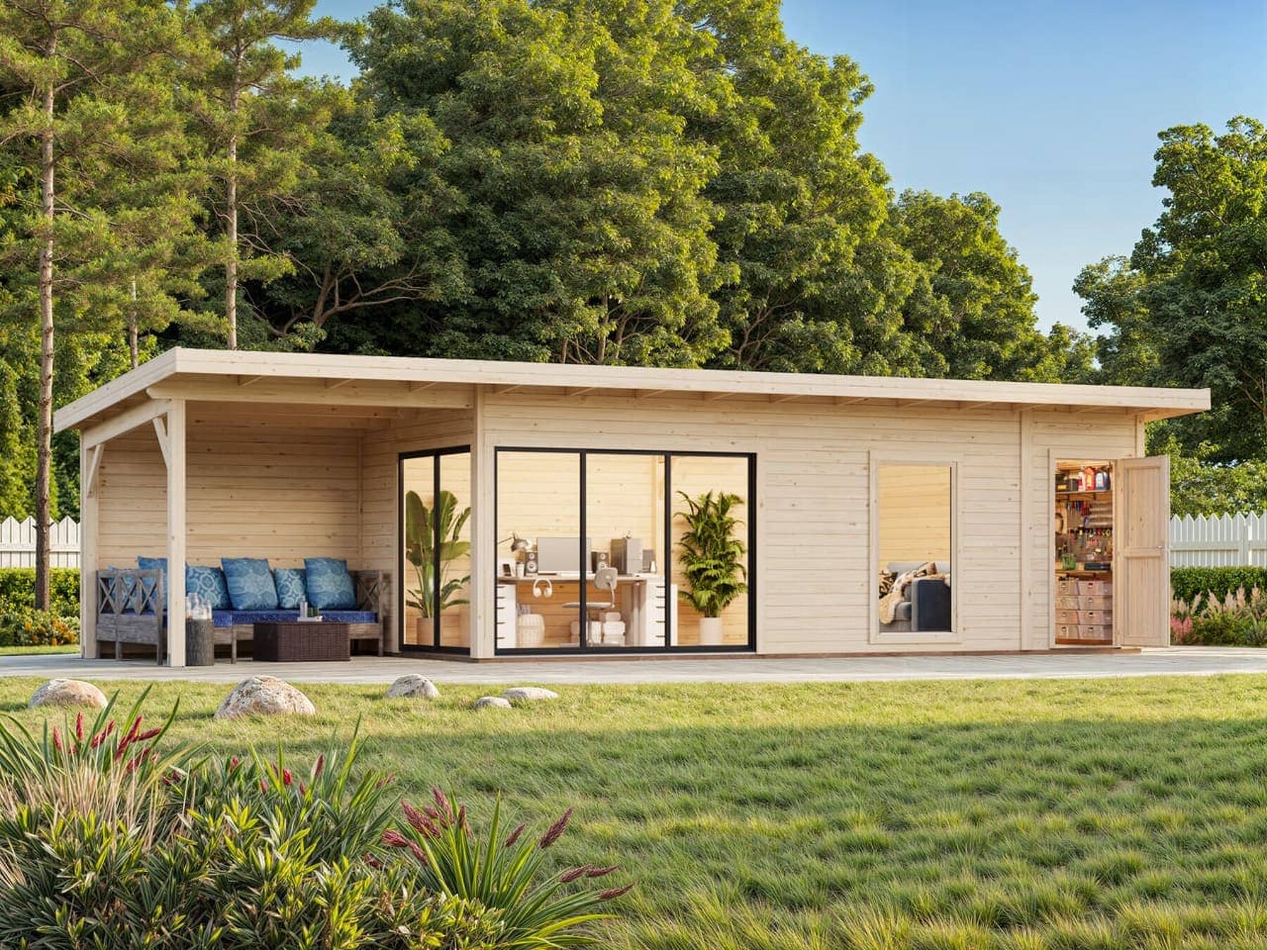 Modernes Gartenhaus Andrea 21,1+7,9 m² mit Schiebetür Modernes Gartenhaus Andrea 21,1+7,9 m² mit Schiebetür