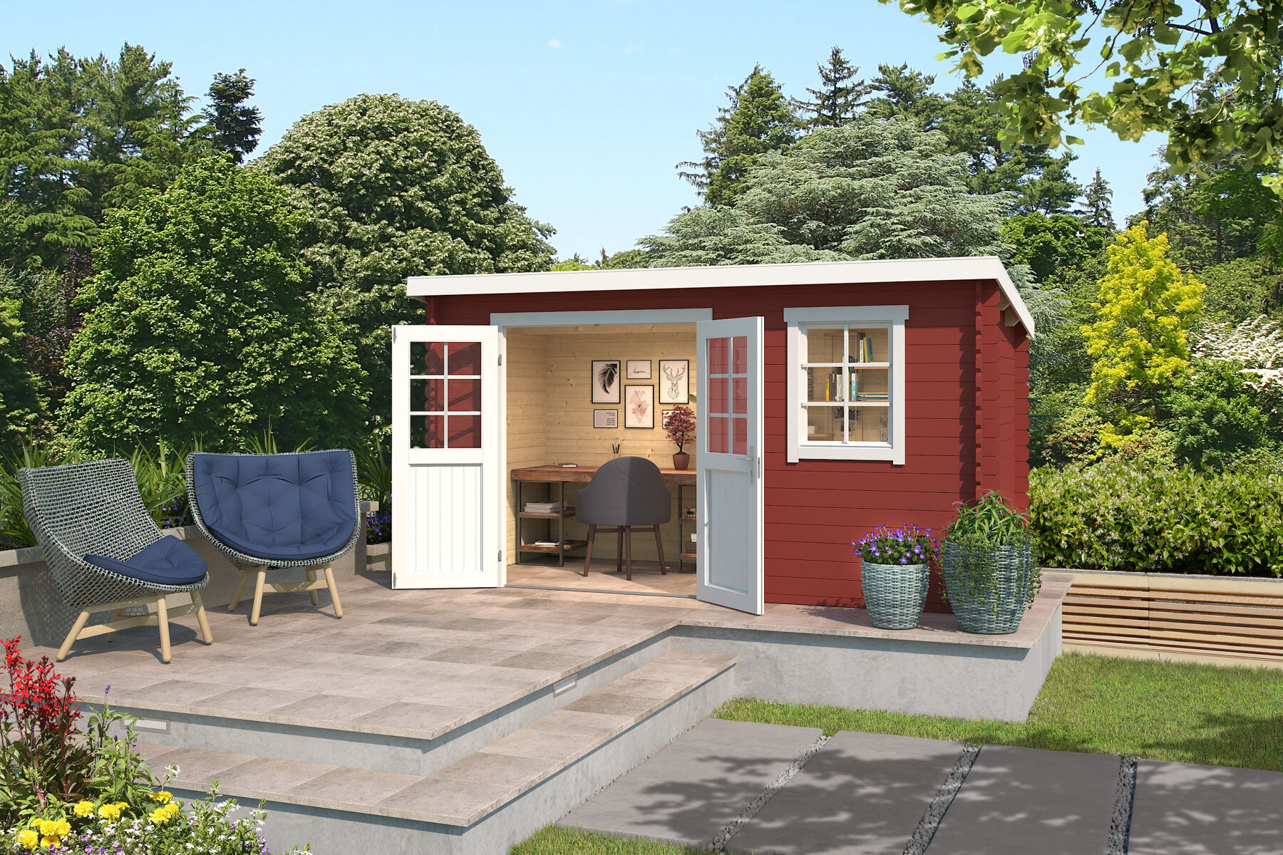 Gerätehaus Amira 175 Schwedenrot mit Trapezblech Dunkelrot
