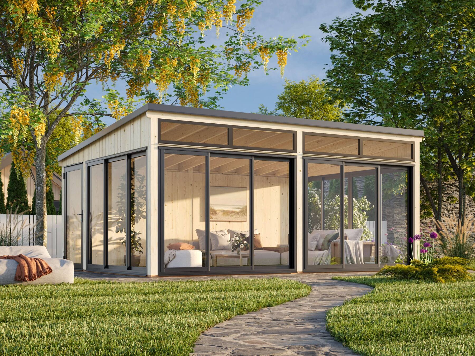 Glashaus Saga 23,3 m² Slide Gras, Innenarchitektur, Rasen, Hinterhof, Wohnen