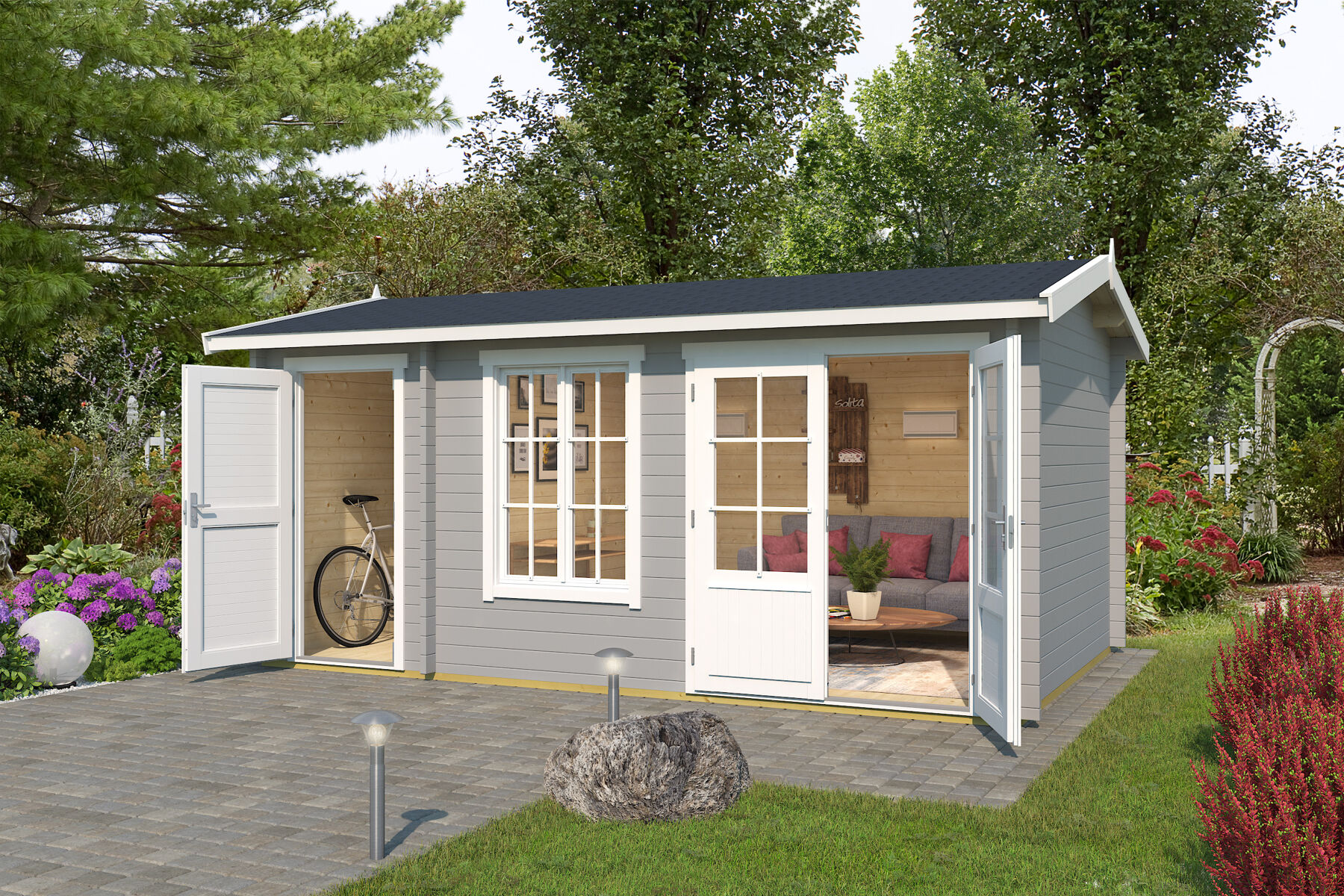 Gartenhaus Wrexham 2 Lichtgrau mit Trapezblech Dach Anthrazit