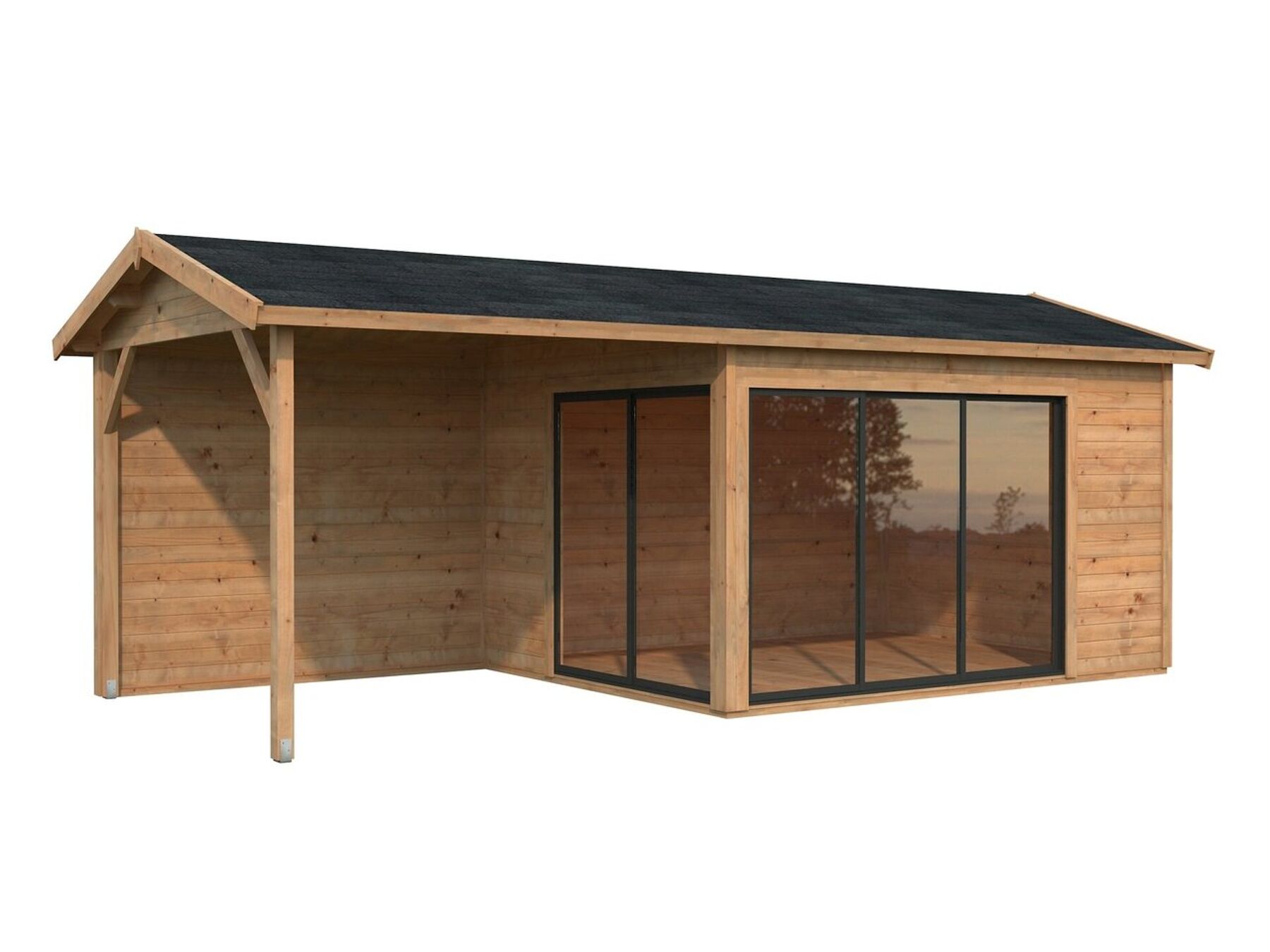 Gartenhaus Amanda 11,2 + 7,8 m² mit ISO-Glas Schiebetür in Hellbraun  