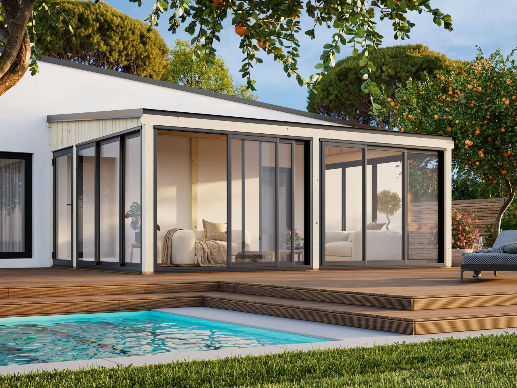 Terassenüberdachung Lumi 23,3 m² Slide Plus Tür, Drinnen, Innenarchitektur, Wohnen, Veranda