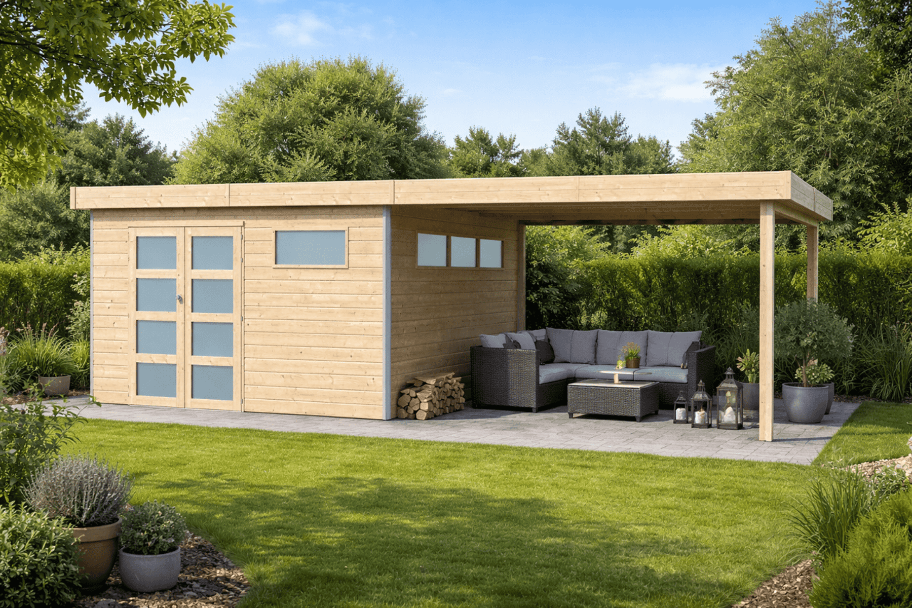 Gartenhaus Sven 3 - 29,33 m² mit Anbau inkl. Trapezblechdach Anthrazit
