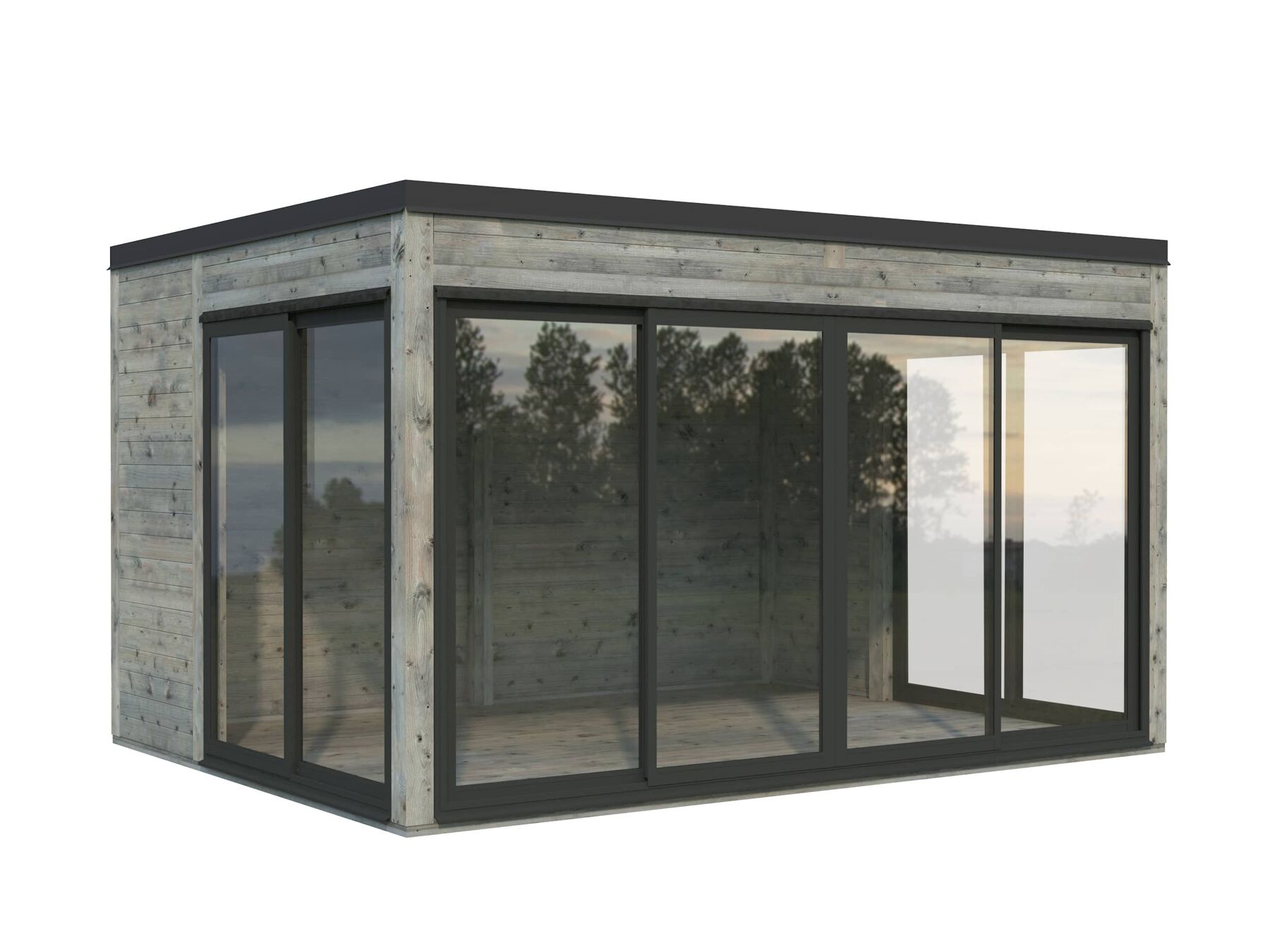 Modernes Gartenhaus Serena 12,6 m² Set 2 mit ISO-Glas Schiebetür in Grau mit Trapezblech Silber