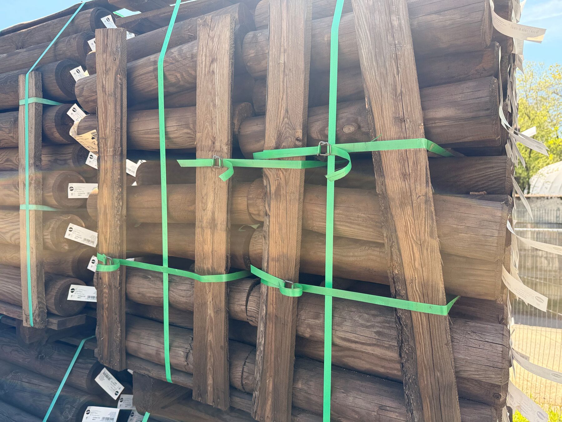 Holzstämme, Rundholz, Stabilisiert, Holzpfosten, Grüne Spanngurte
