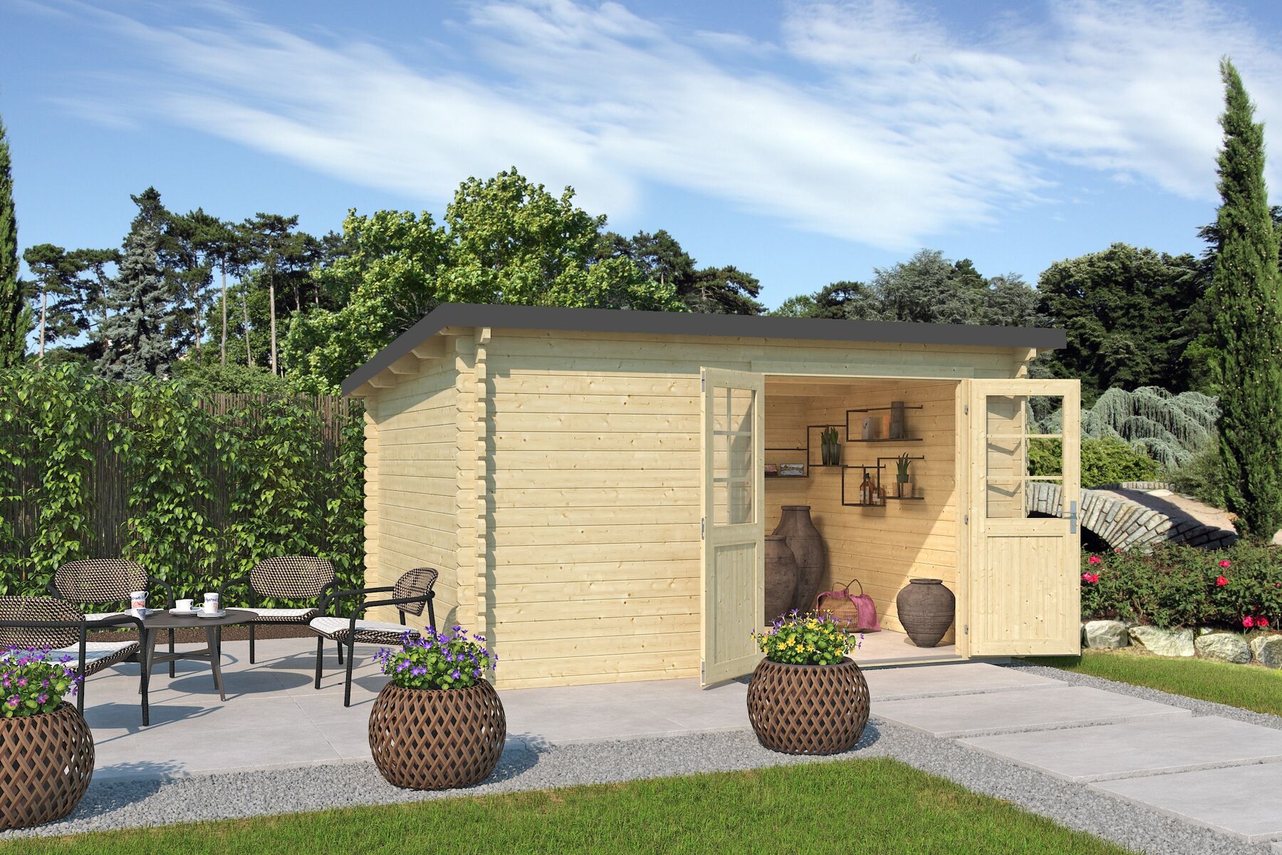 Gartenhaus Evolution 44 10,7 m² - Natur inkl. Trapezblech Dach