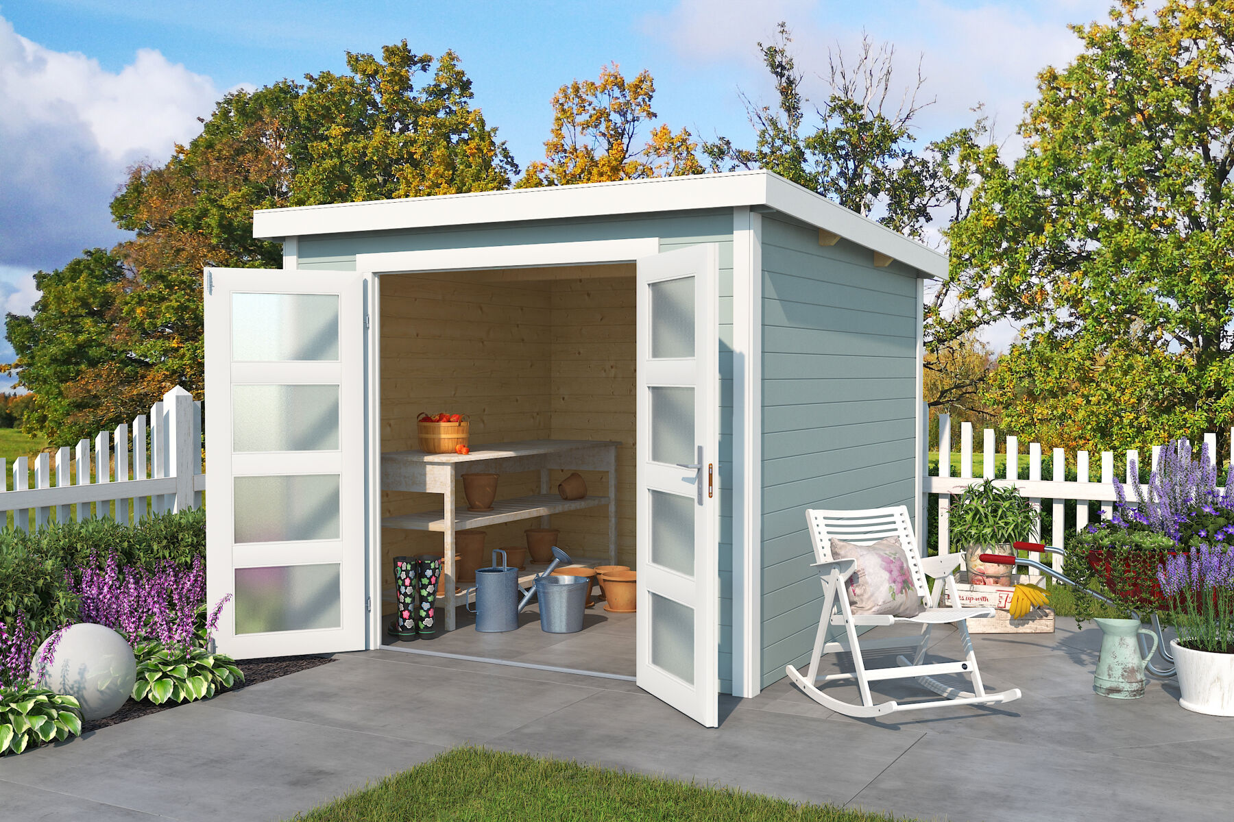 Gerätehaus Zambezi 4 Gletschergrün mit Trapezblech Dunkelgrün