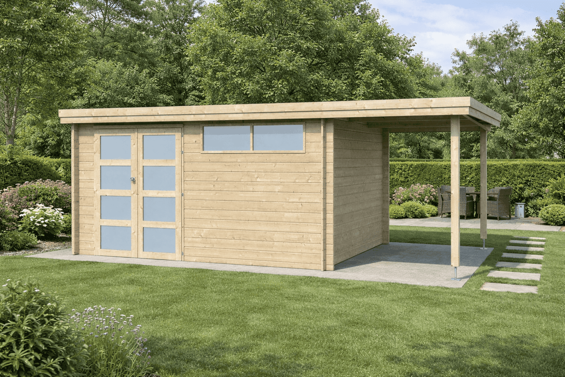 Gartenhaus Emanuel 4 - 15,43 m² mit Anbau 150 inkl. Trapezblechdach Anthrazit
