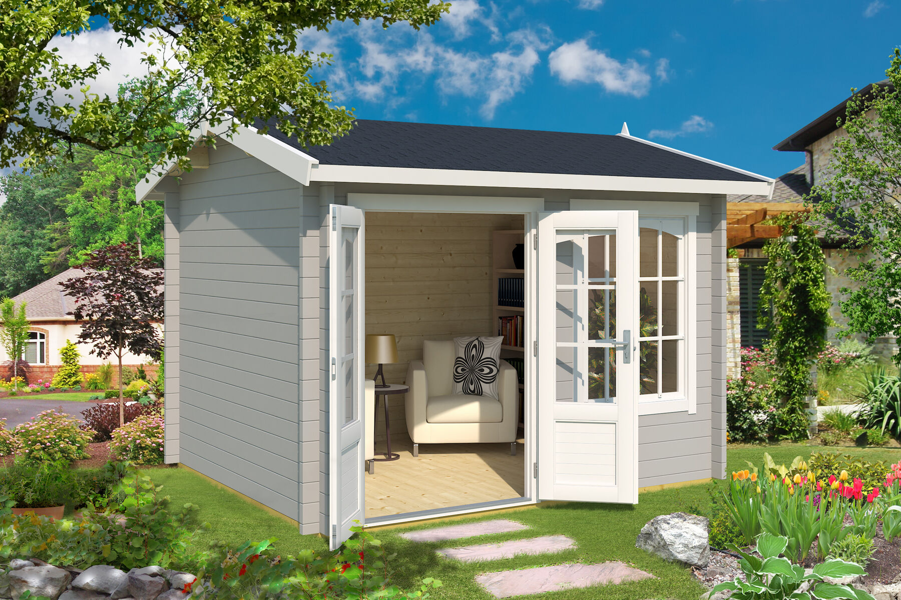 Gartenhaus Alex 7,5 m² Lichtgrau mit Trapezblech Dach Braun