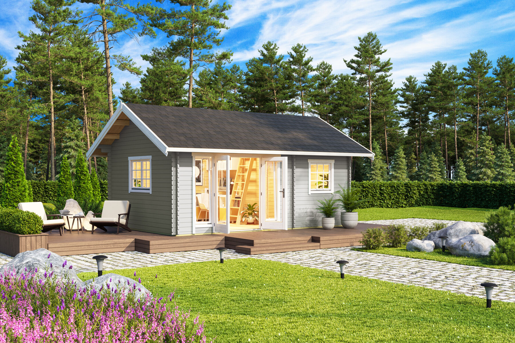 Gartenhaus Caroline 2.1 Lichtgrau mit Ziegelblech Dach Anthrazit