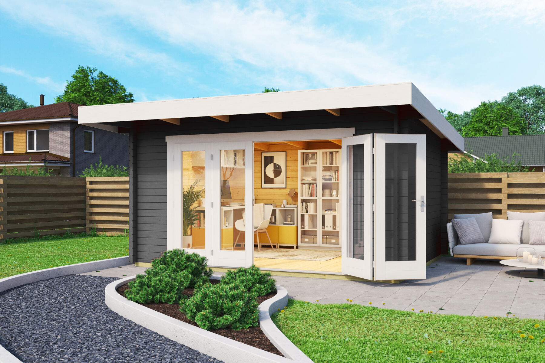 Gartenhaus Sussex 1 Carbongrau mit Trapezblech Dach Dunkelgrün
