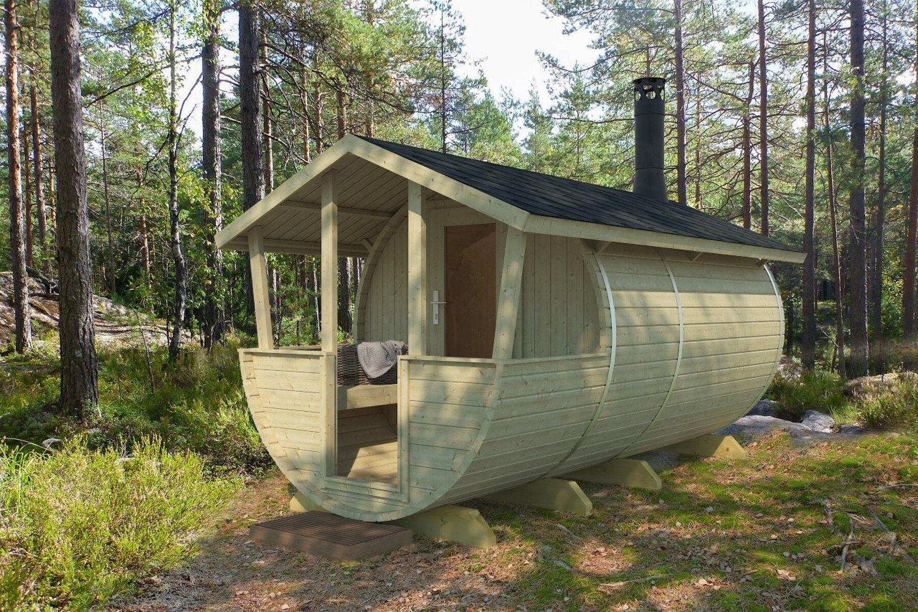 Barrel Saunahaus Lahti mit Trapezblech-Dach Dunkelgrün