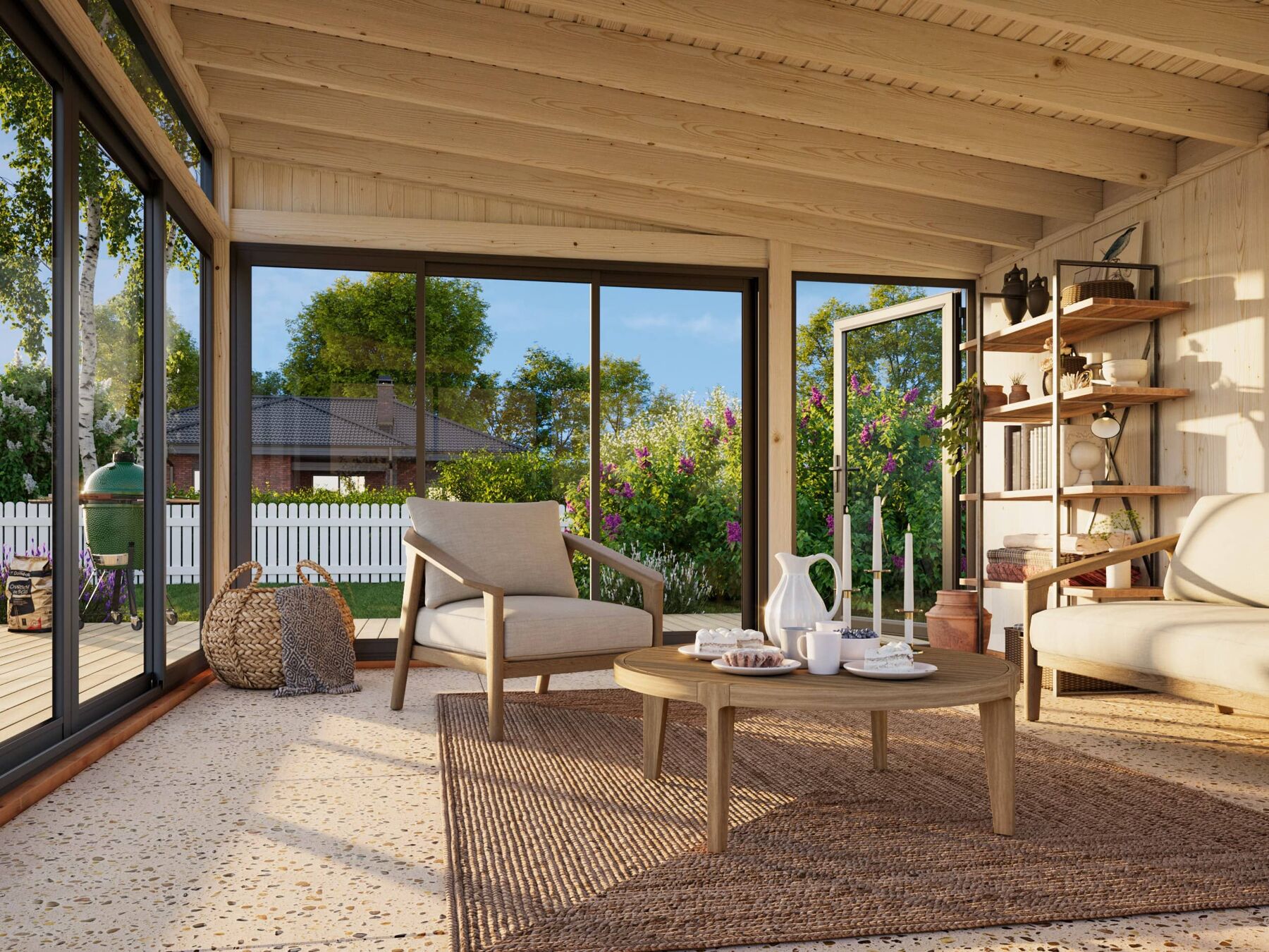 Glashaus Saga 16,6 m² Slide Plus Kaffeetisch, Tabelle, Innenarchitektur, Stuhl, Dekoration für Zuhause