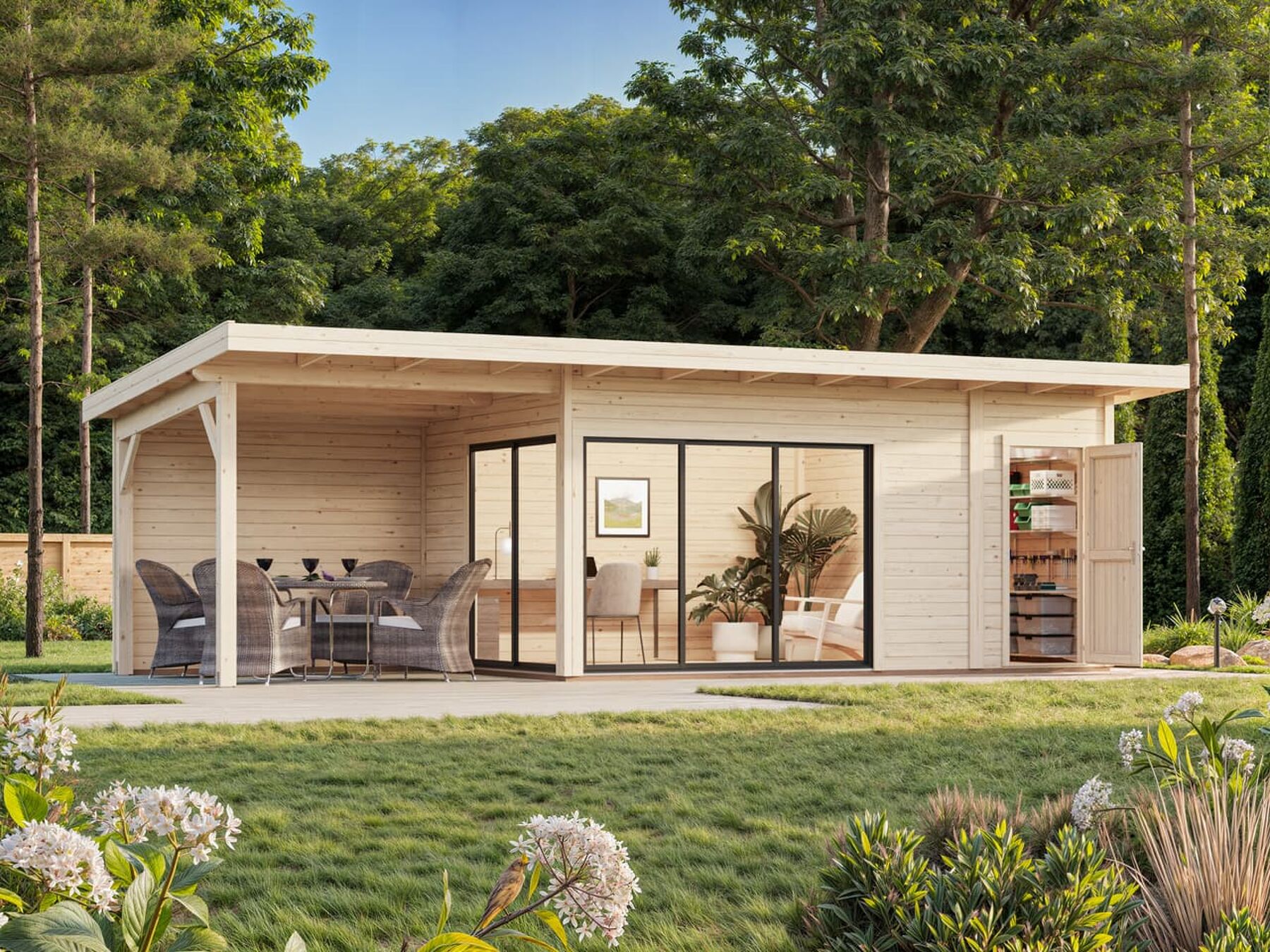 Modernes Gartenhaus Andrea 15,2+7,9 m² mit ISO-Glas Schiebetür