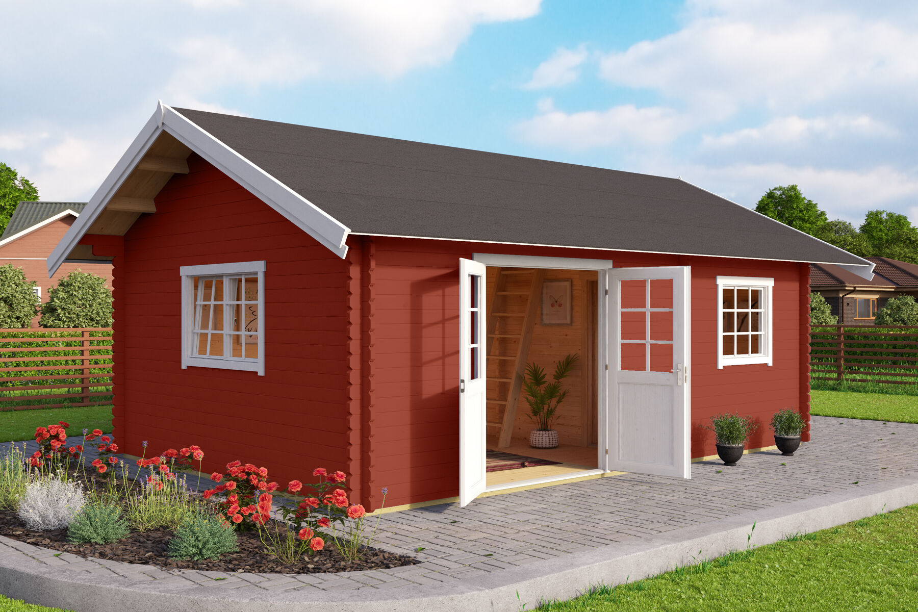 Gartenhaus Caroline Set Gold Schwedenrot mit Trapezblech Dach Dunkelrot
