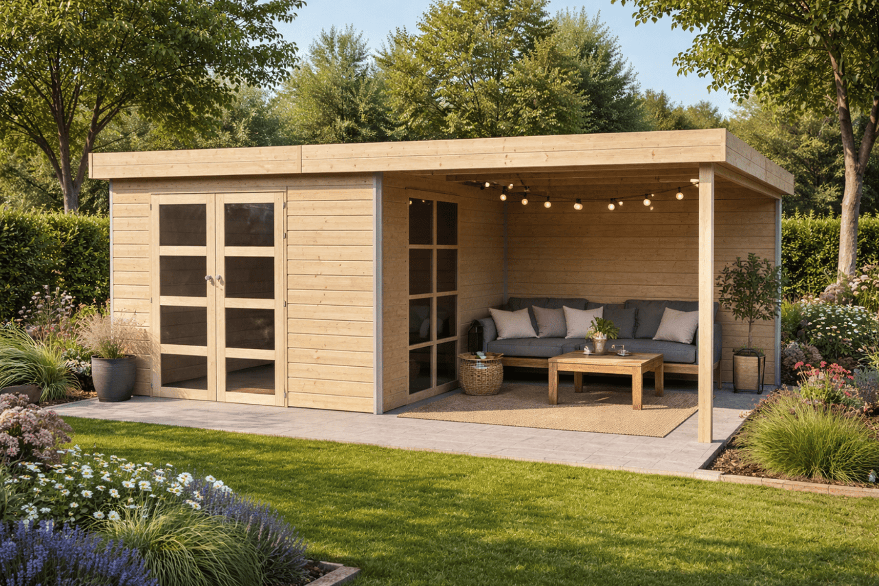 Gartenhaus Sven 6 - 29,38 m² mit Anbau inkl. Trapezblechdach Anthrazit
