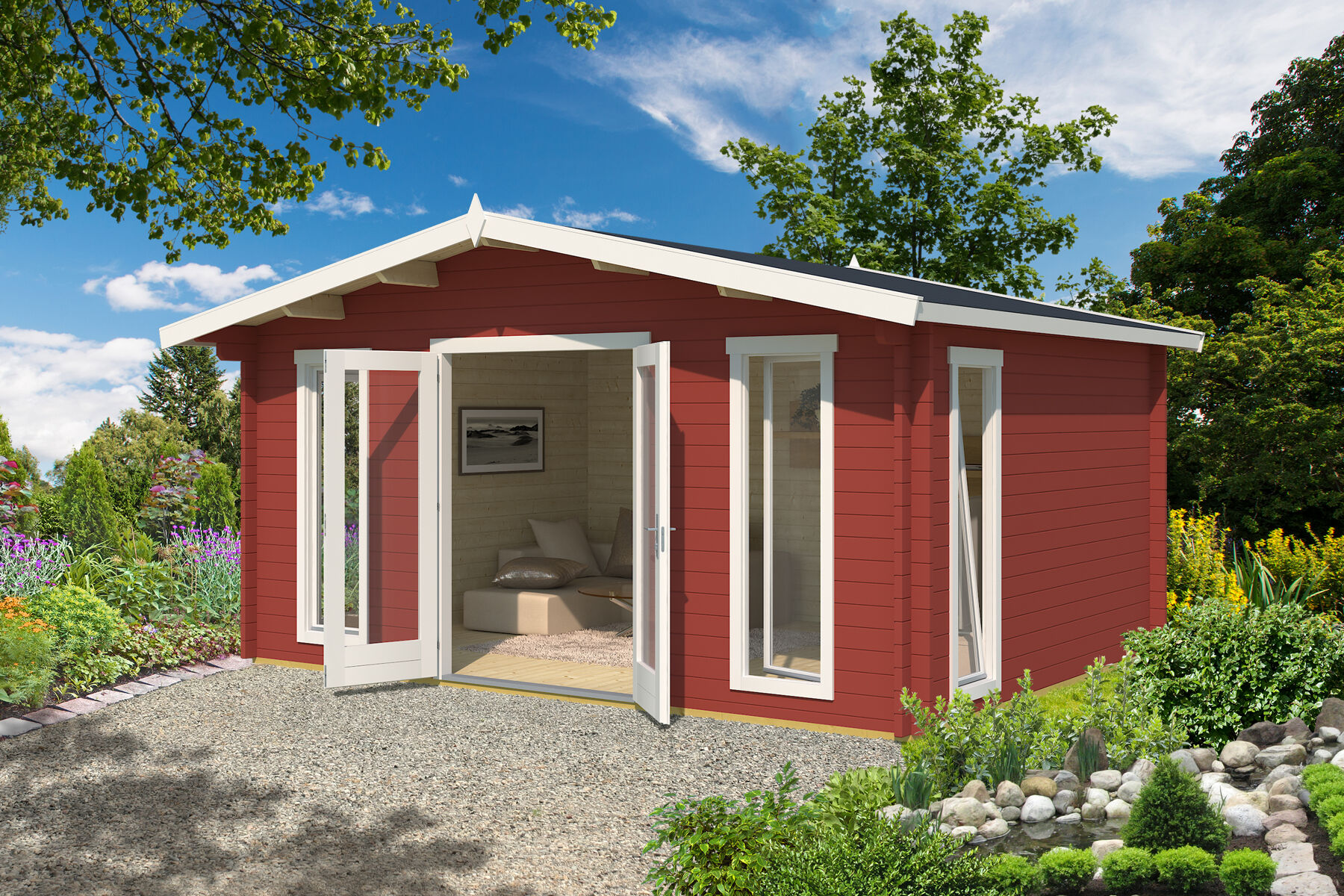 Gartenhaus Elgin 44 Silber Schwedenrot mit Trapezblech Dach Dunkelrot