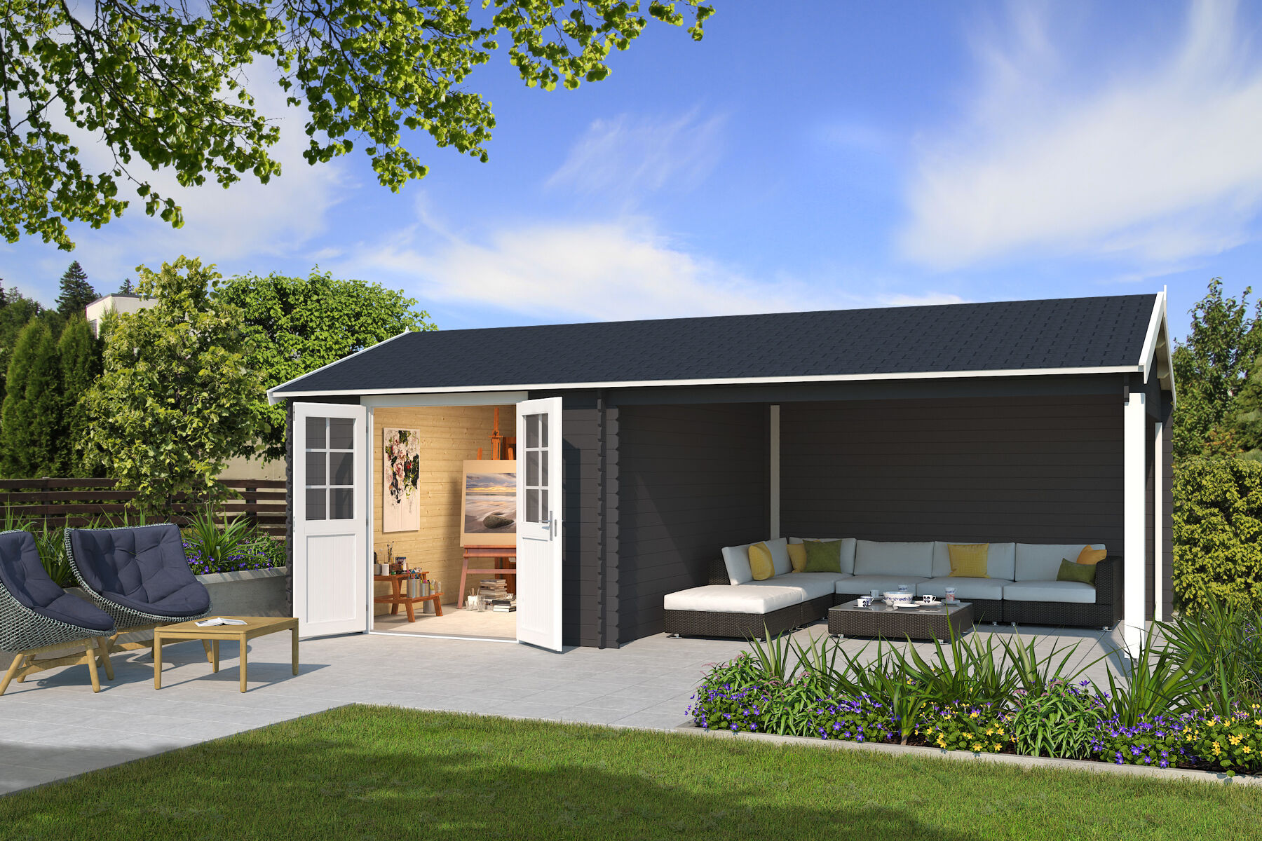 Gartenhaus El Paso Carbongrau mit Trapezblech Dunkelrot