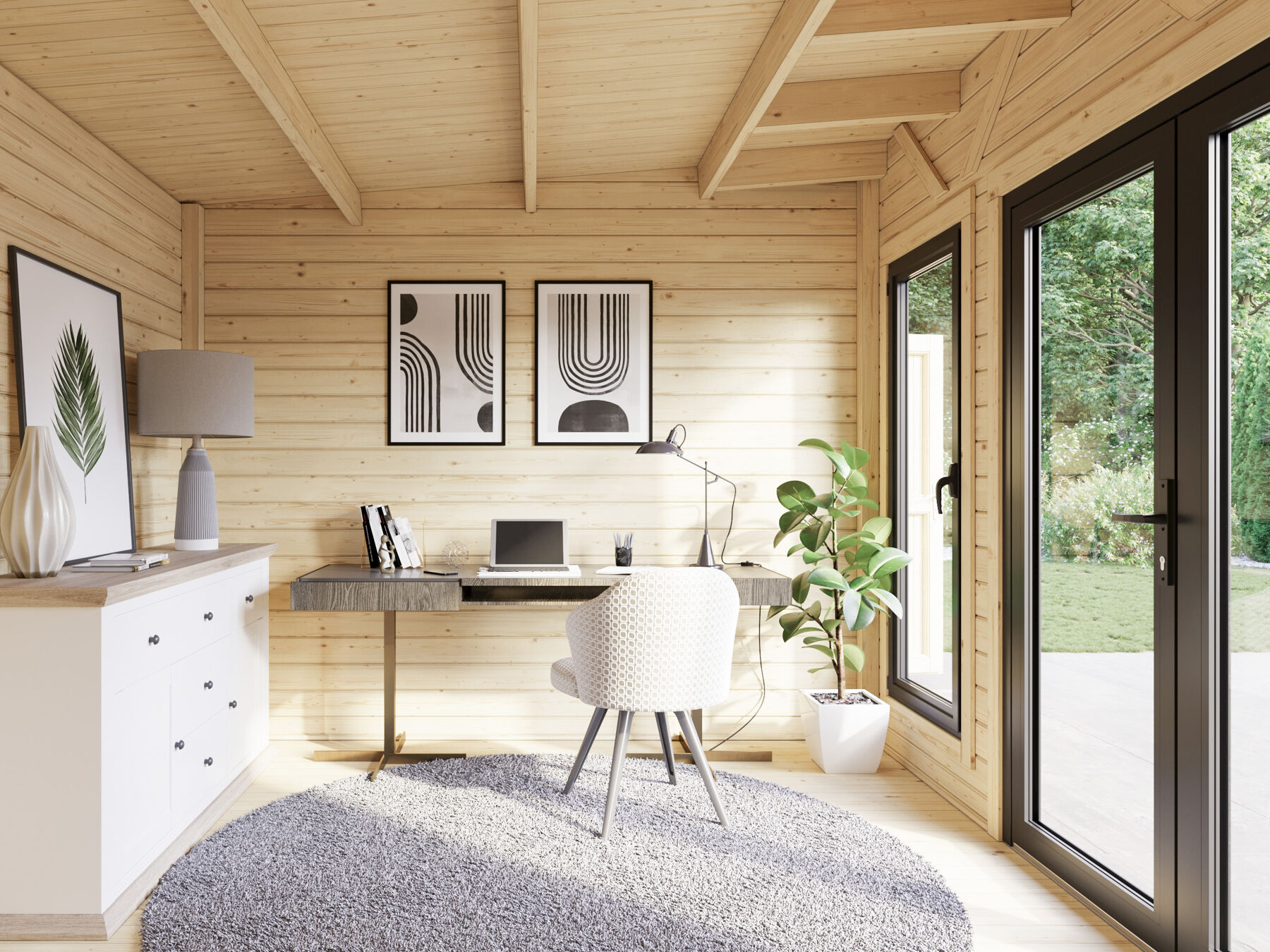 Drinnen, Innenarchitektur, Holzpaneele, Tabelle, Pflanze