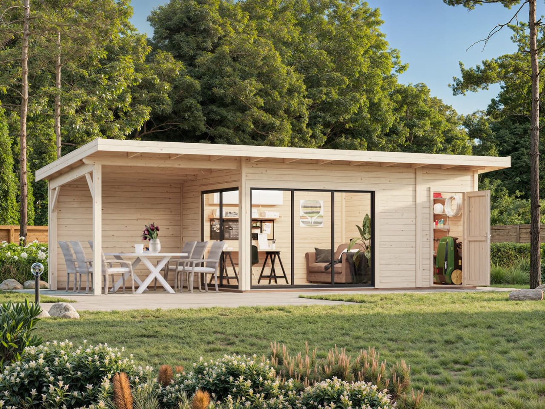 Modernes Gartenhaus Andrea 15,2+7,9 m² mit Schiebetür