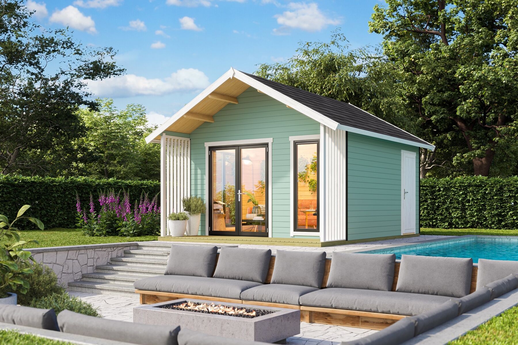 Gartenhaus Murano 1 Gletschergrün mit Trapezblech Dunkelrot