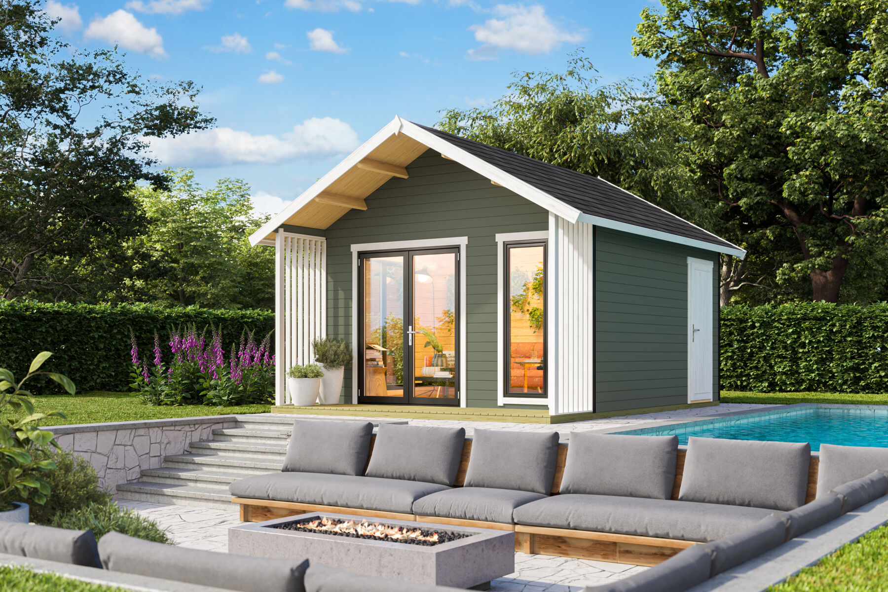 Gartenhaus Murano 1 Gletschergrün mit Trapezblech Dunkelrot
