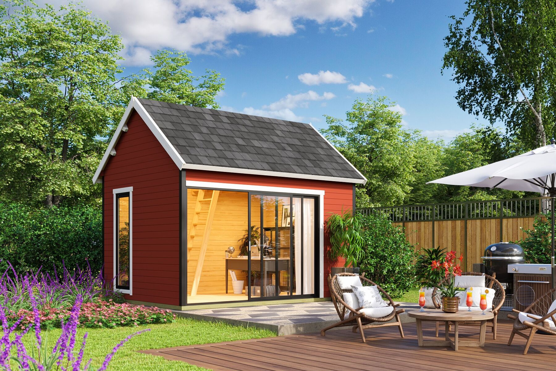 Gartenhaus Murano 2 Schwedenrot mit Ziegelblech Anthrazit